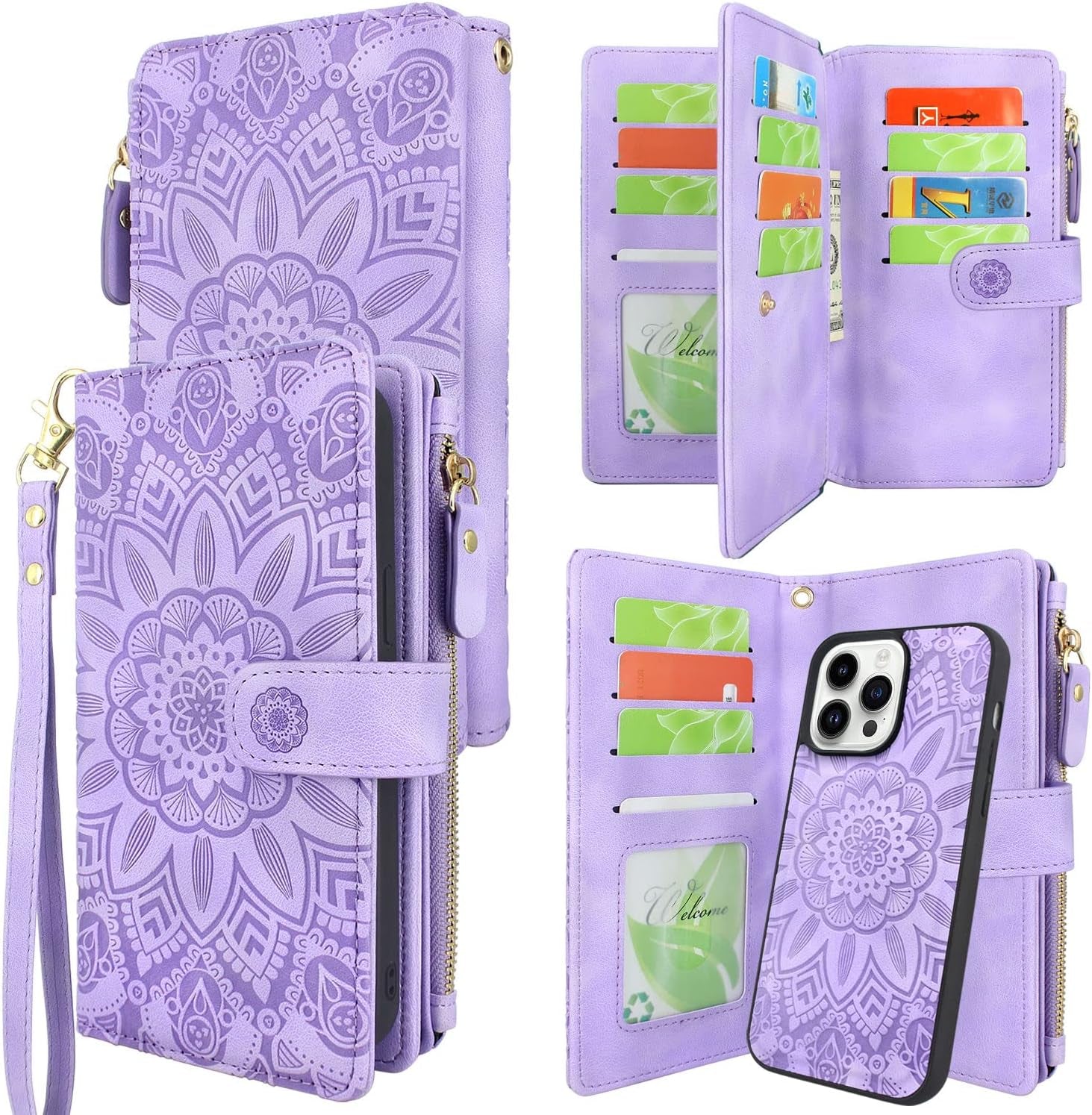 Harryshell Compatible with Iphone 14 Pro 6.1 Inch 5G 2022 Wallet Case Detachable Magnetic Cover Zipper Cash Pocket Multi Card Slots Holder Wrist Strap Lanyard (Floral Black)  Harryshell   