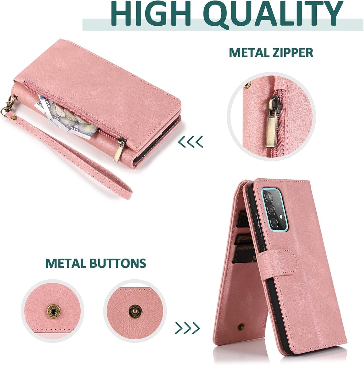 Asuwish Compatible with Samsung Galaxy A53 5G Wallet Case Tempered Glass Screen Protector Zipper Leather Flip Cover Card Holder Stand for Cell Accessories A53 G5 53A SM A536U 6.5" 2022 Women Rose Gold