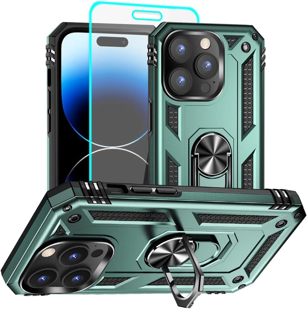 Aozuoton for Iphone 14 Pro Case, Iphone 14 Pro Phone Case with HD Screen Protector, [Military Grade 16Ft. Drop Tested] Ring Shockproof Protective Phone Case for Iphone 14 Pro,Black  Yanmen   