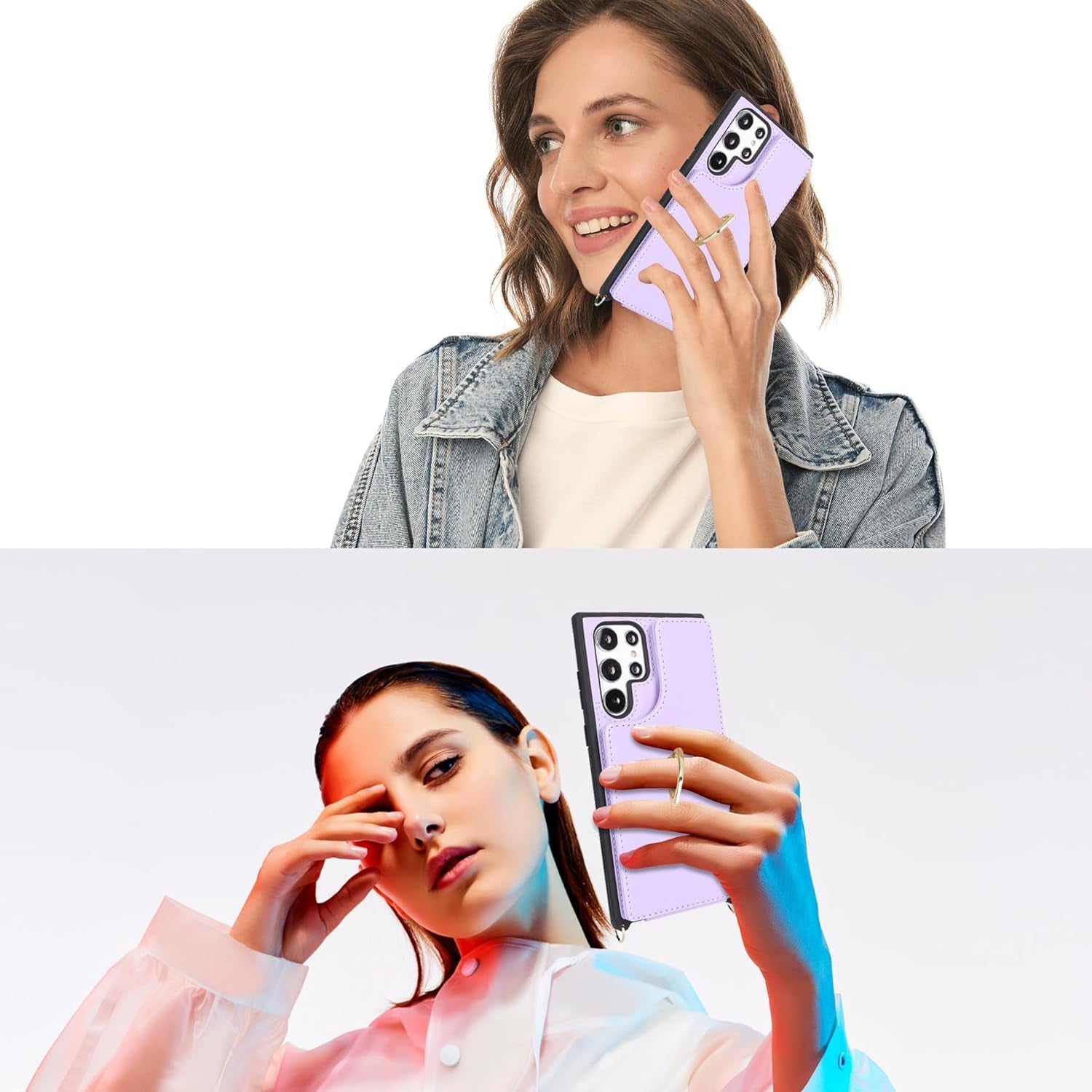 For Samsung Galaxy S22 Ultra Case with Card Holder and Strap for Women,Crossbody Lanyard,Ring Stand,Snap Clasp,Phone Wallet Cases 6.8 Inch(Purple)