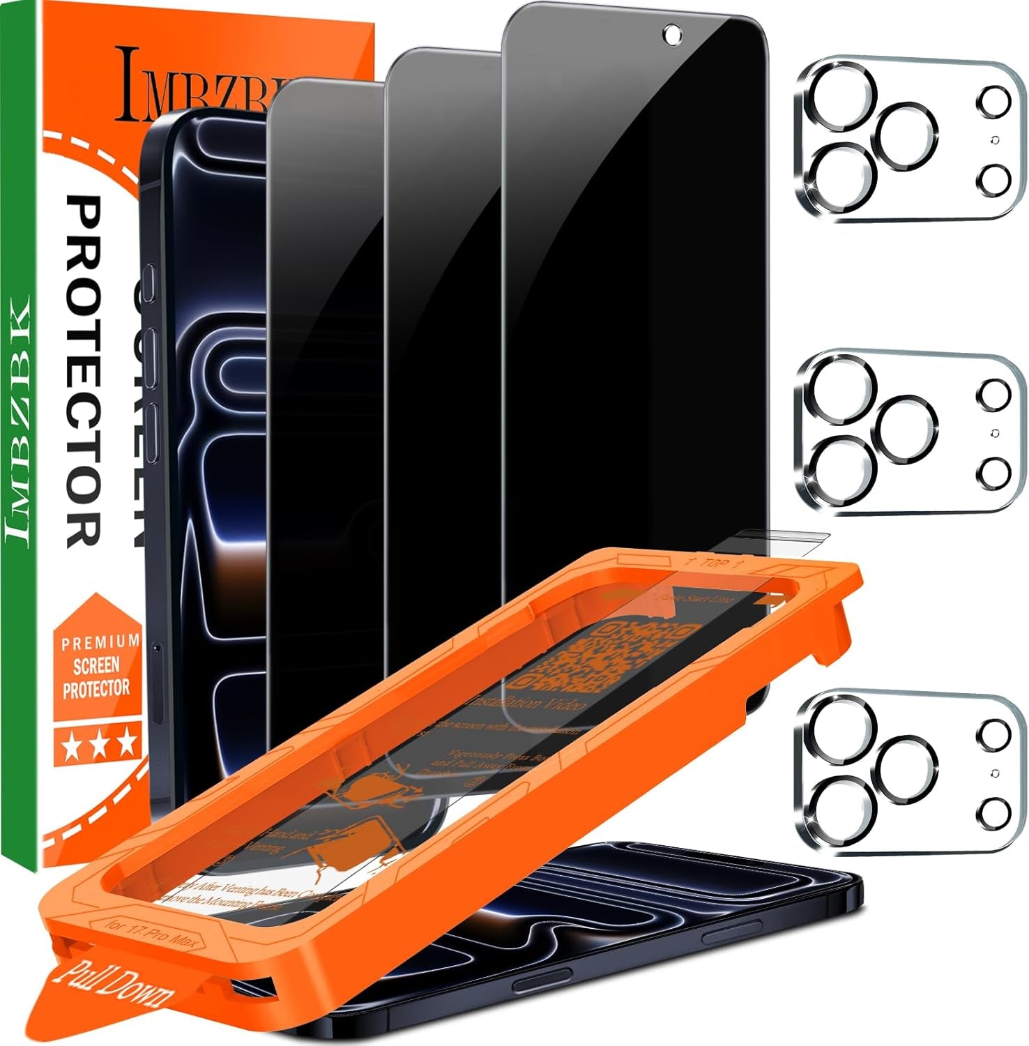 IMBZBK [Auto-Dust Removal] 3 Pack Privacy Screen Protector for Iphone 17 Pro Max [6.9 INCH] anti Spy Private Accessories, Case Friendly Film, Military Grade Tempered Glass 3 Camera Lens Protector