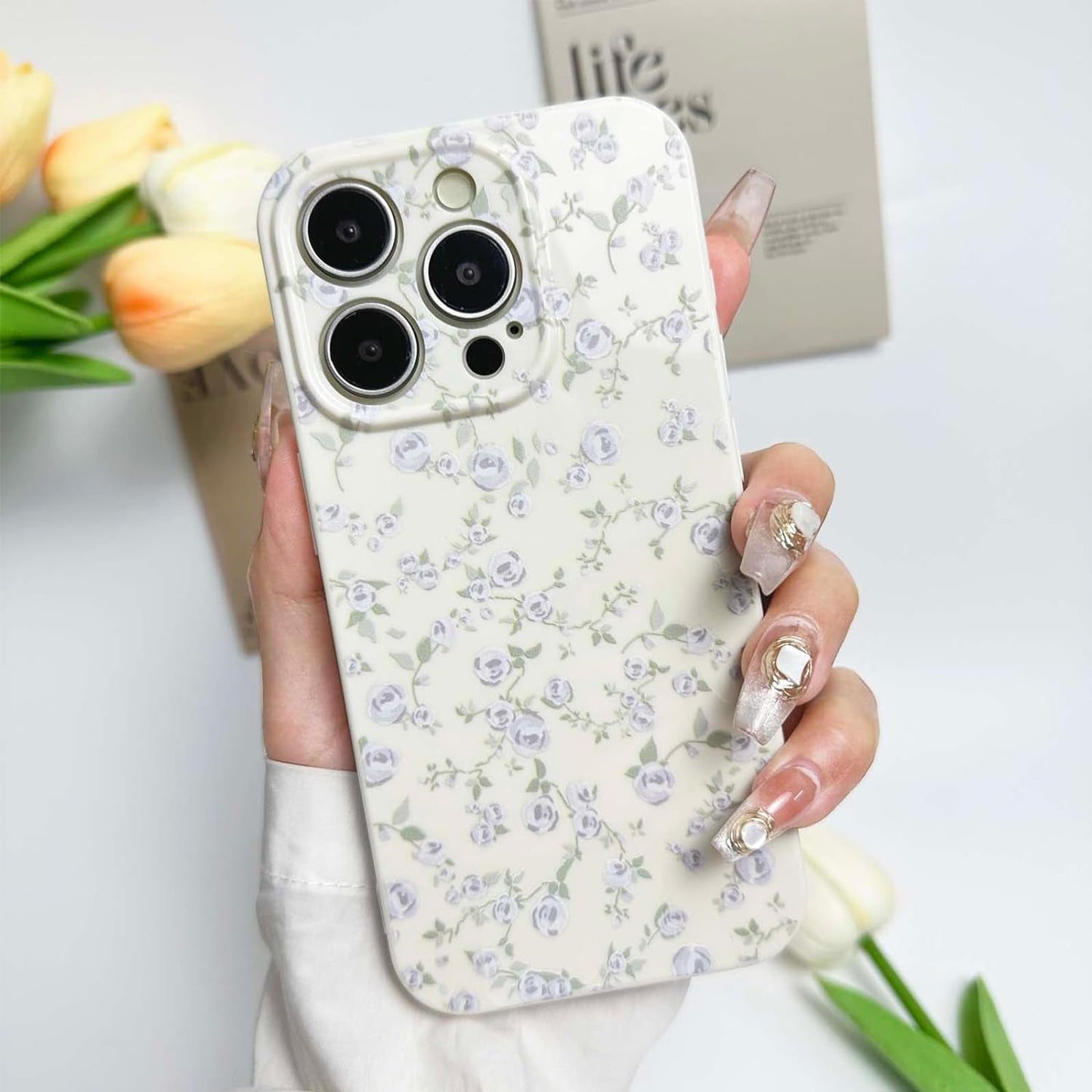 DYFYFKDI Floral Case for Iphone 15 Pro Cute Flower Rose Pattern Aesthetic Iphone 15 Pro Case Vintage Girls Women,Oil Flowers Girly Trendy Slim Fit TPU Shockproof Protective Case, Blue  DYFYFKDI   