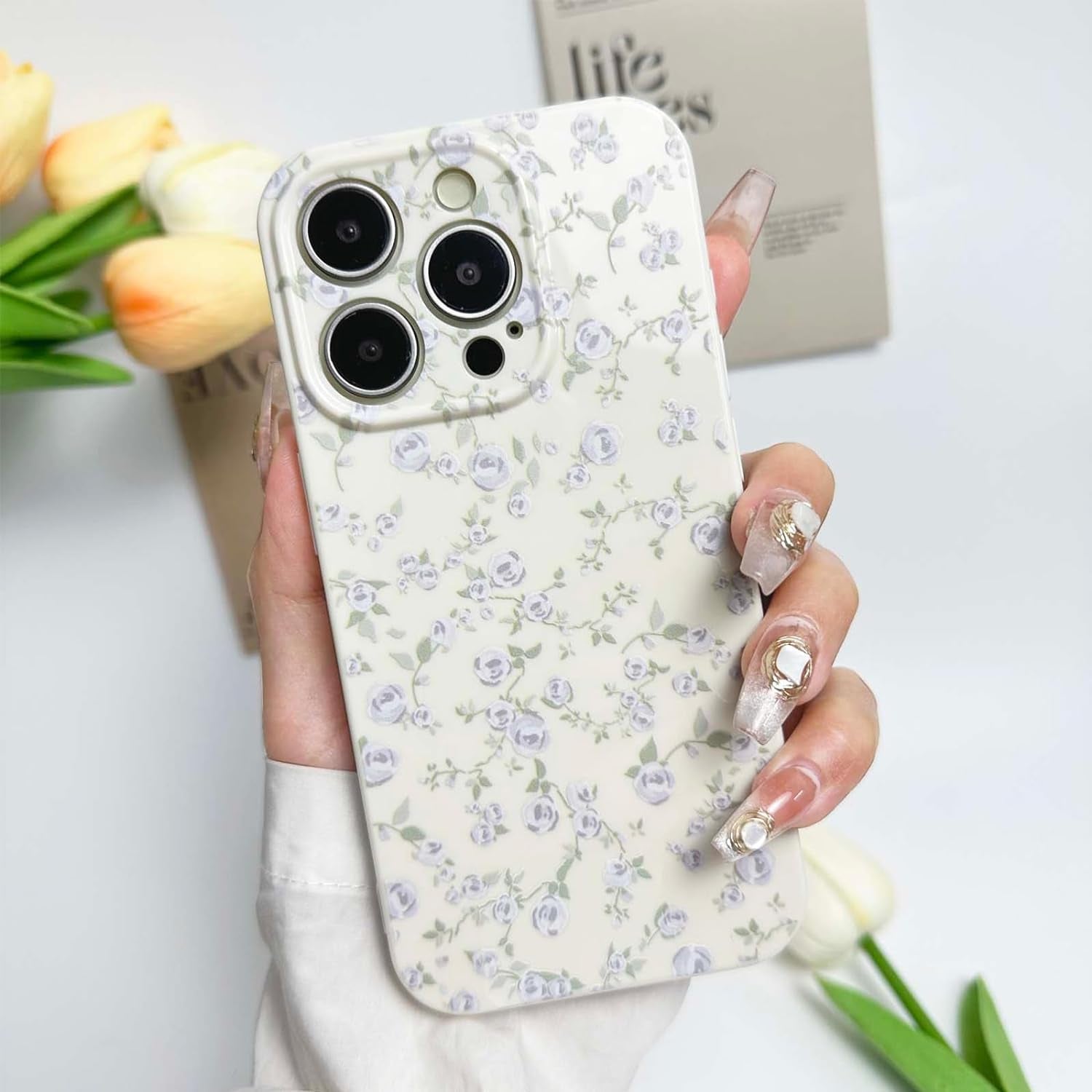 DYFYFKDI Floral Case for Iphone 15 Pro Cute Flower Rose Pattern Aesthetic Iphone 15 Pro Case Vintage Girls Women,Oil Flowers Girly Trendy Slim Fit TPU Shockproof Protective Case, Blue  DYFYFKDI Beige Iphone 13 Pro Max 6.7 Inch 