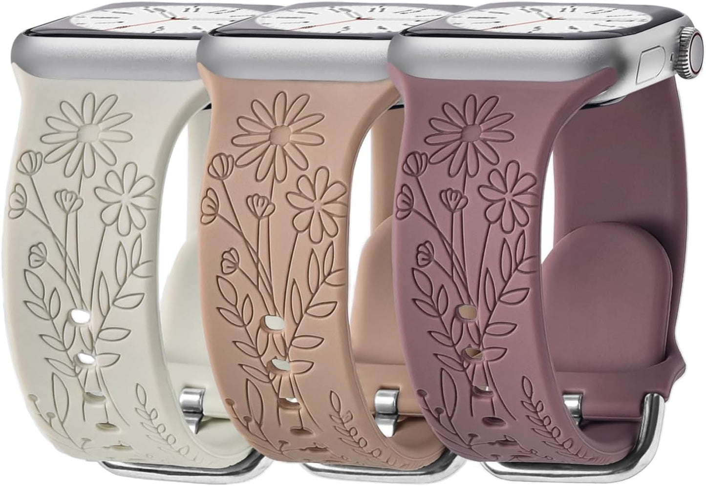 3 Pack Wildflower Engraved Bands Compatible with Apple Watch Band 40Mm 38Mm 41Mm 44Mm 42Mm 45Mm 49Mm Women, Floral Soft Silicone Sport Strap for Iwatch Bands Series SE 9 8 7 6 5 4 3 2 1 Ultra