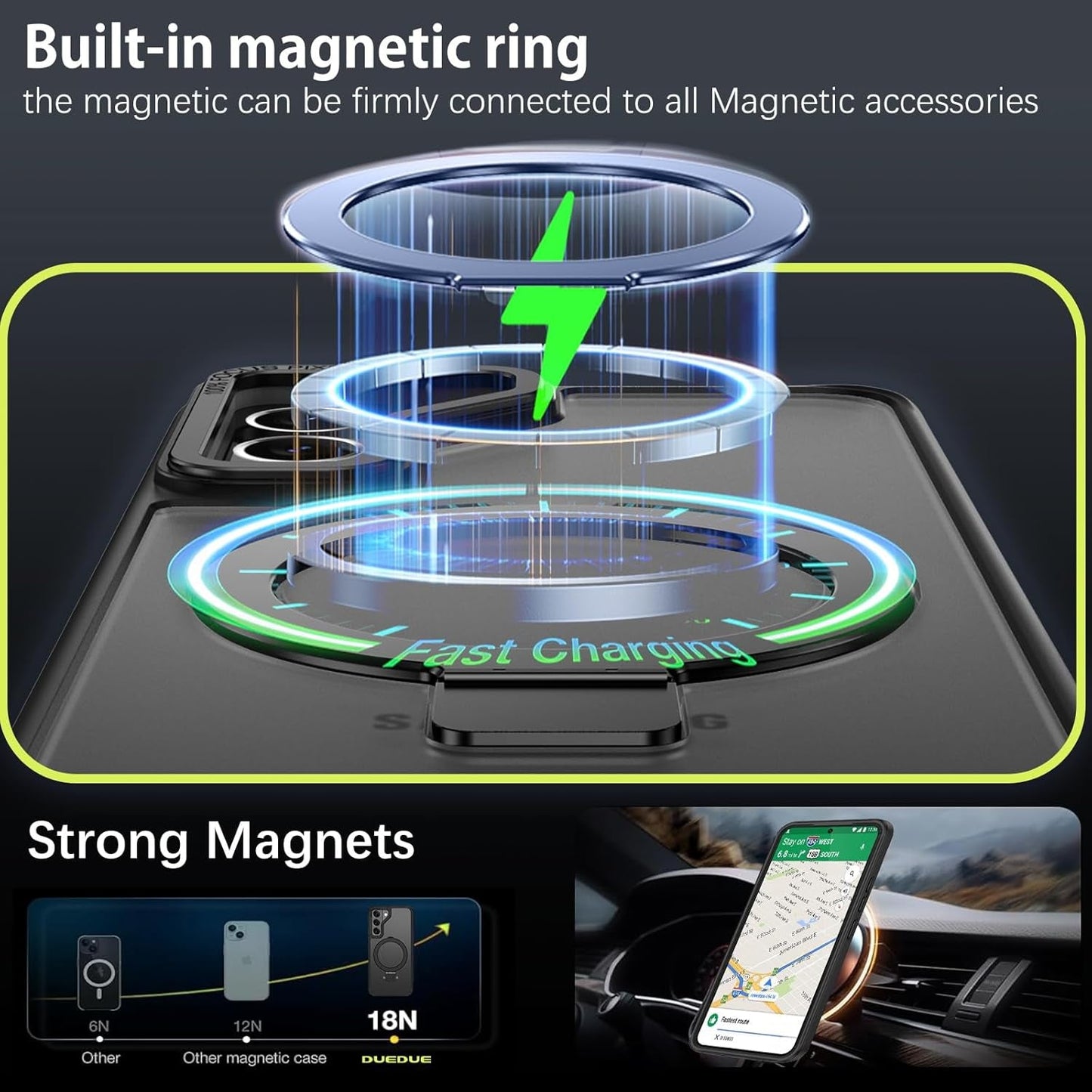 DUEDUE for Samsung Galaxy S22 plus Case Magnetic with Ring Stand [Compatible with Magsafe], Translucent Matte Back Protective Cover Shockproof Kickstand Phone Case for Galaxy S22 plus 6.6", Black