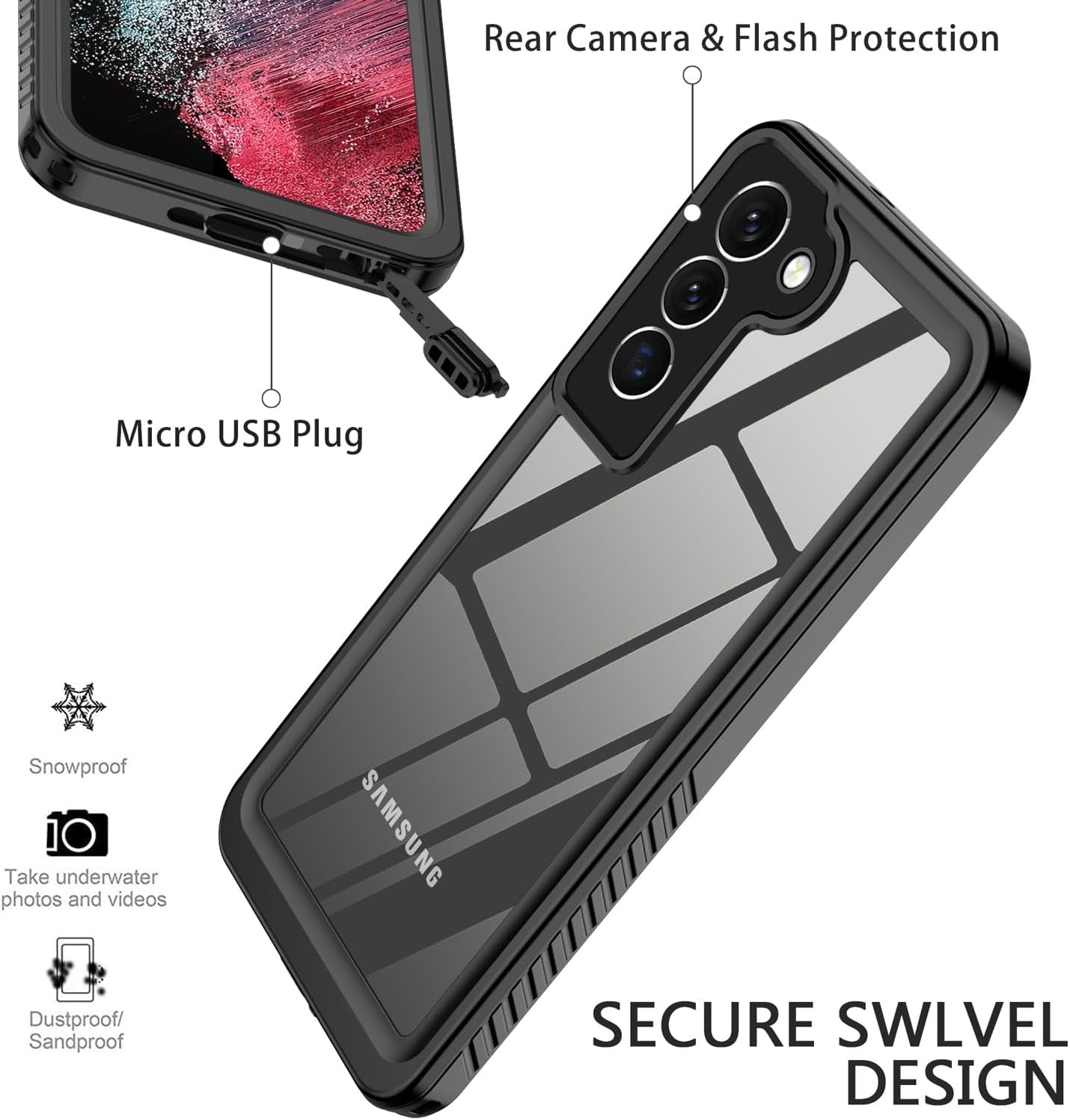 For Samsung Galaxy S22 plus Case Waterproof Built-In Screen Protector [Full Body Shockproof][12 FT Military Shockproof] Dustproof Underwater Phone Case for Galaxy S22 plus 5G 6.6''(Black)