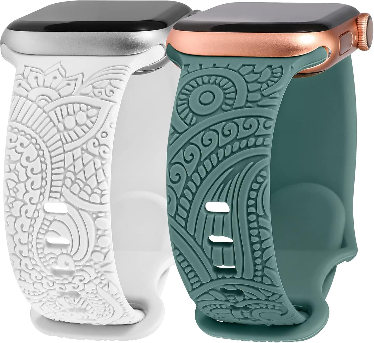 2 Packs Boho Engraved Bands Compatible with Apple Watch Bands 41Mm 40Mm 38Mm 45Mm 44Mm 42Mm 49Mm Women Girls Men, Silicone Sport Fancy Dressy Cute Strap for Iwatch Series 9/Ultra/Se/8/7/6/5/4/3/2/1