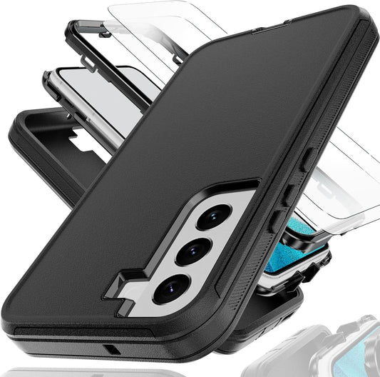 For Galaxy S22 Case with Soft TPU Film Screen Protector[2 Pack],3 in 1 Shockproof TPU Hard PC Bumper Drop-Proof Shell for Samsung Galaxy S22 Black