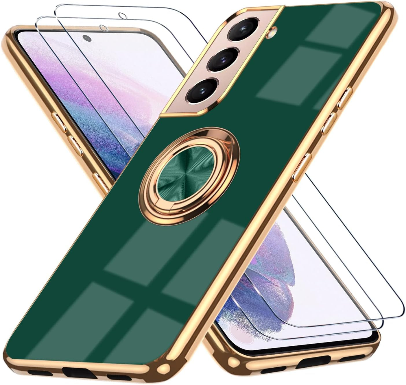 For Samsung Galaxy S22 5G Case, with 2 Screen Protector, Built-In 360° Ring Holder Magnetic Stand, Luxury Electroplated Plating Edge Shockproof Protective Phone Cover, Black