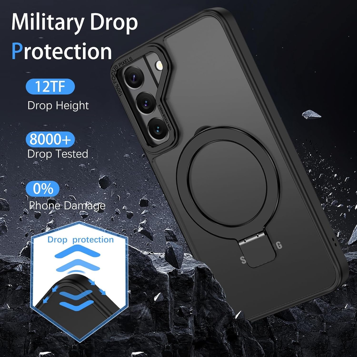 DUEDUE for Samsung Galaxy S22 plus Case Magnetic with Ring Stand [Compatible with Magsafe], Translucent Matte Back Protective Cover Shockproof Kickstand Phone Case for Galaxy S22 plus 6.6", Black