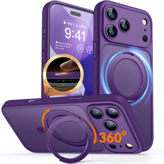 CANSHN 360° Spin Magnetic Stand for Iphone 17 Pro Max Case with Camera Control [Full Camera Protection] [Compatible with Magsafe] Translucent Matte Shockproof Protective Phone Cover 6.9" -Deep Purple
