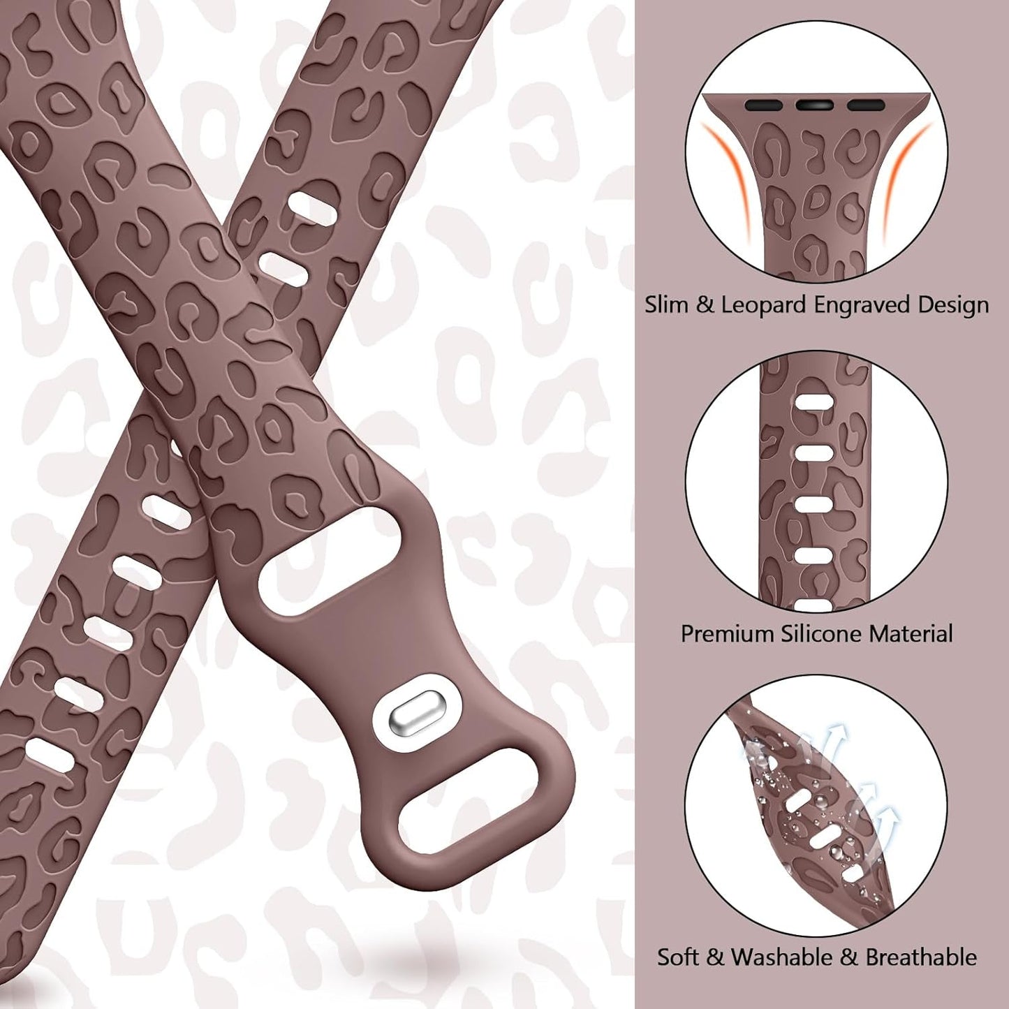 4-Pack Leopard Engraved Band Compatible with Apple Watch Bands 38Mm 40Mm 41Mm 44Mm 45Mm 42Mm Women, Thin Slim Sport Wristbands for Iwatch Ultra/Ultra 2 Series 9 8 7 6 5 4 3 2 1 SE