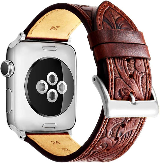 For Apple Watch Band 45Mm 44Mm 42Mm 41Mm 40Mm 38Mm, Carved Handmade Bump Retro Genuine Leather Flower Replacement Strap for Men Women Brown Bracelet for Iwatch Series 7 6 5 SE 4 3 2 1