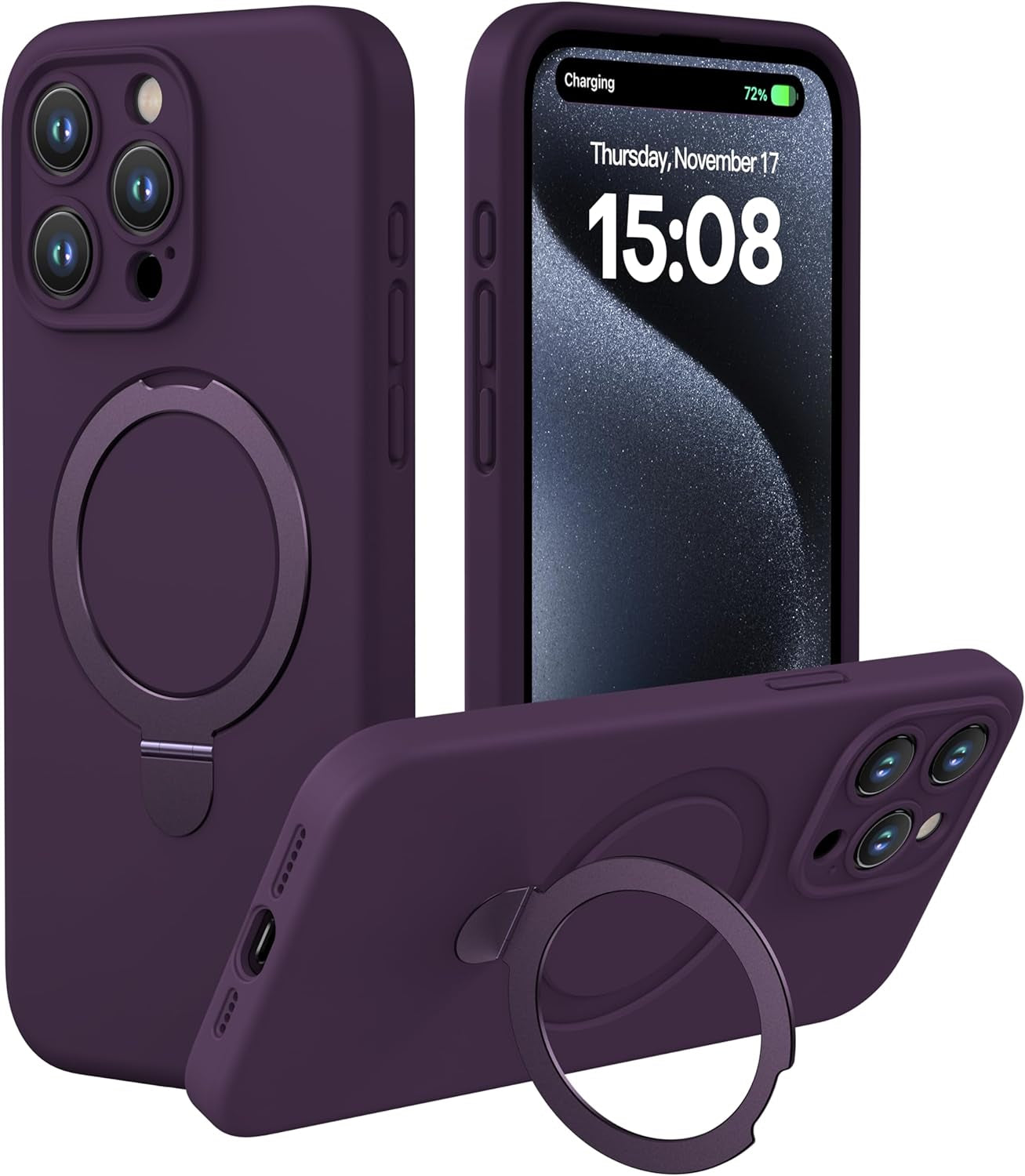 Cellever Magnetic Silicone for Iphone 15 Pro Case [Camera Cover] Military Grade Protection [Compatible with Magsafe] [Slim] Durable Soft Grip Cover with Kickstand, Black  CellEver Deep Purple  