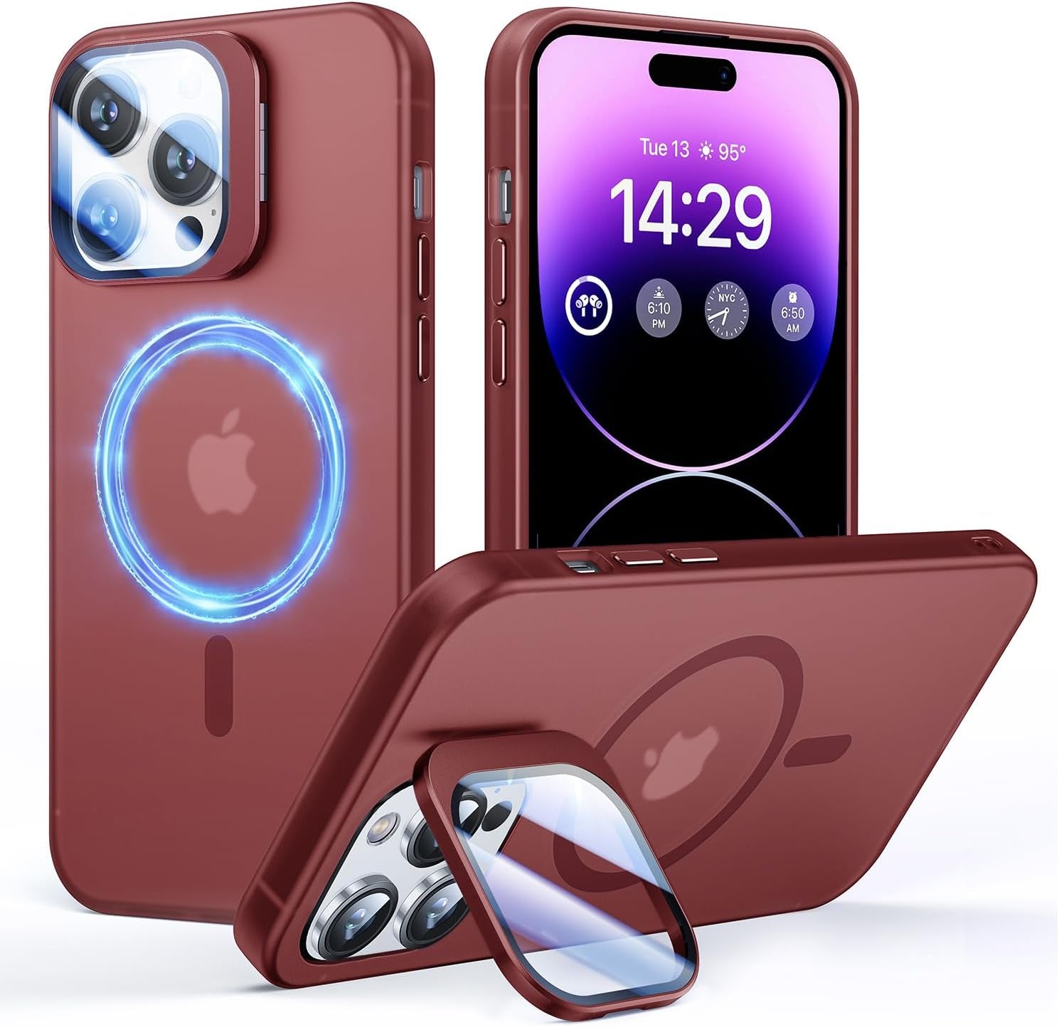Degeca for Iphone 14 Pro Case, Military Grade Drop Protection, Compatible with Magsafe, Built-In Stash Stand & Camera Lens Protector, Magnetic Phone Case 6.1", Blue  degeca Wine Red Only For Iphone 14 Pro 6.1'' 