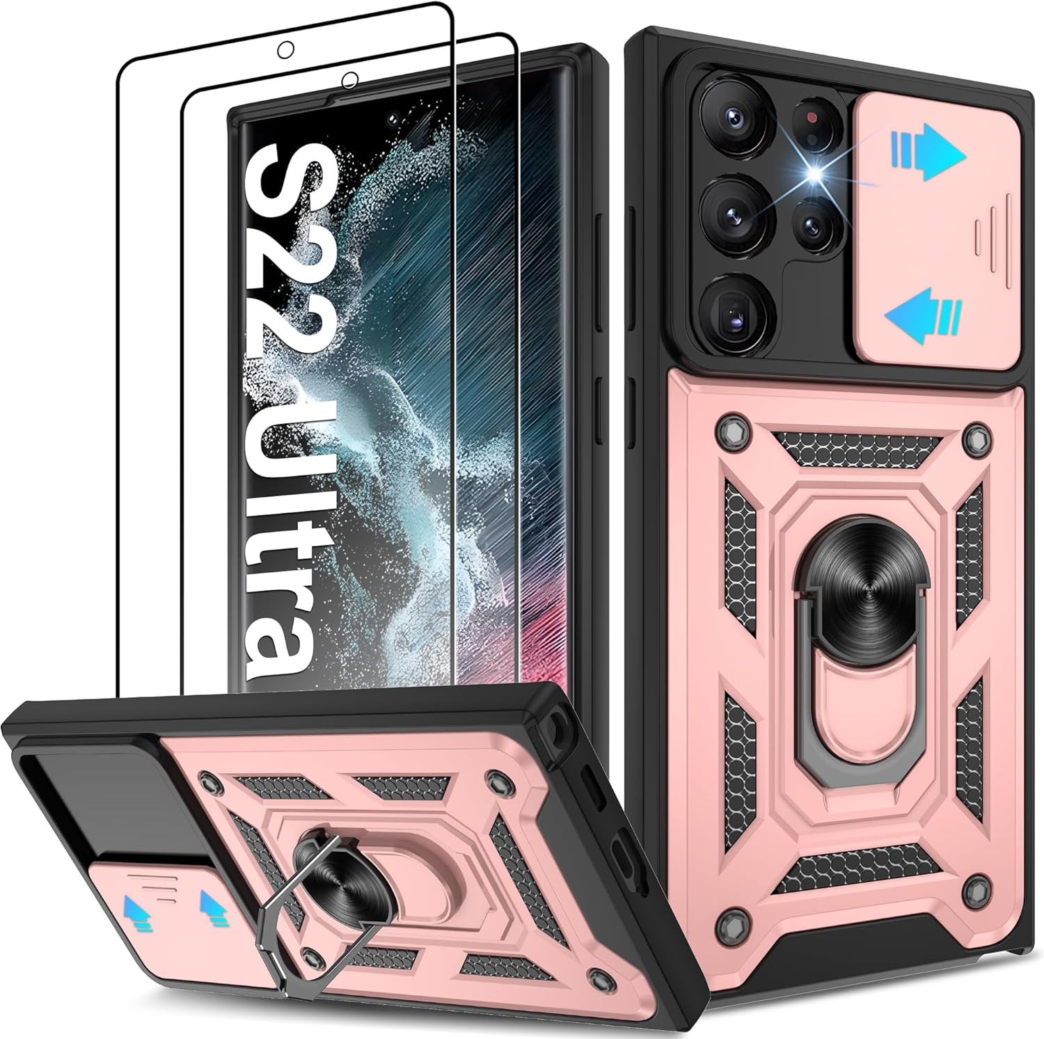 ATUMP for Samsung Galaxy S22 Ultra Case with (2 Pcs) HD Screen Protector, Heavy Duty Shockproof with 360° Rotation Metal Kickstand [Military Grade] Protective Case for S22 Ultra, Blue