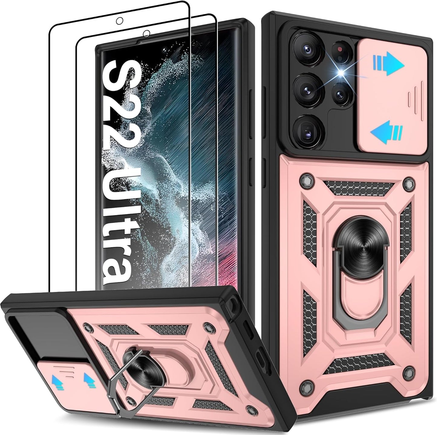 ATUMP for Samsung Galaxy S22 Ultra Case with (2 Pcs) HD Screen Protector, Heavy Duty Shockproof with 360° Rotation Metal Kickstand [Military Grade] Protective Case for S22 Ultra, Blue