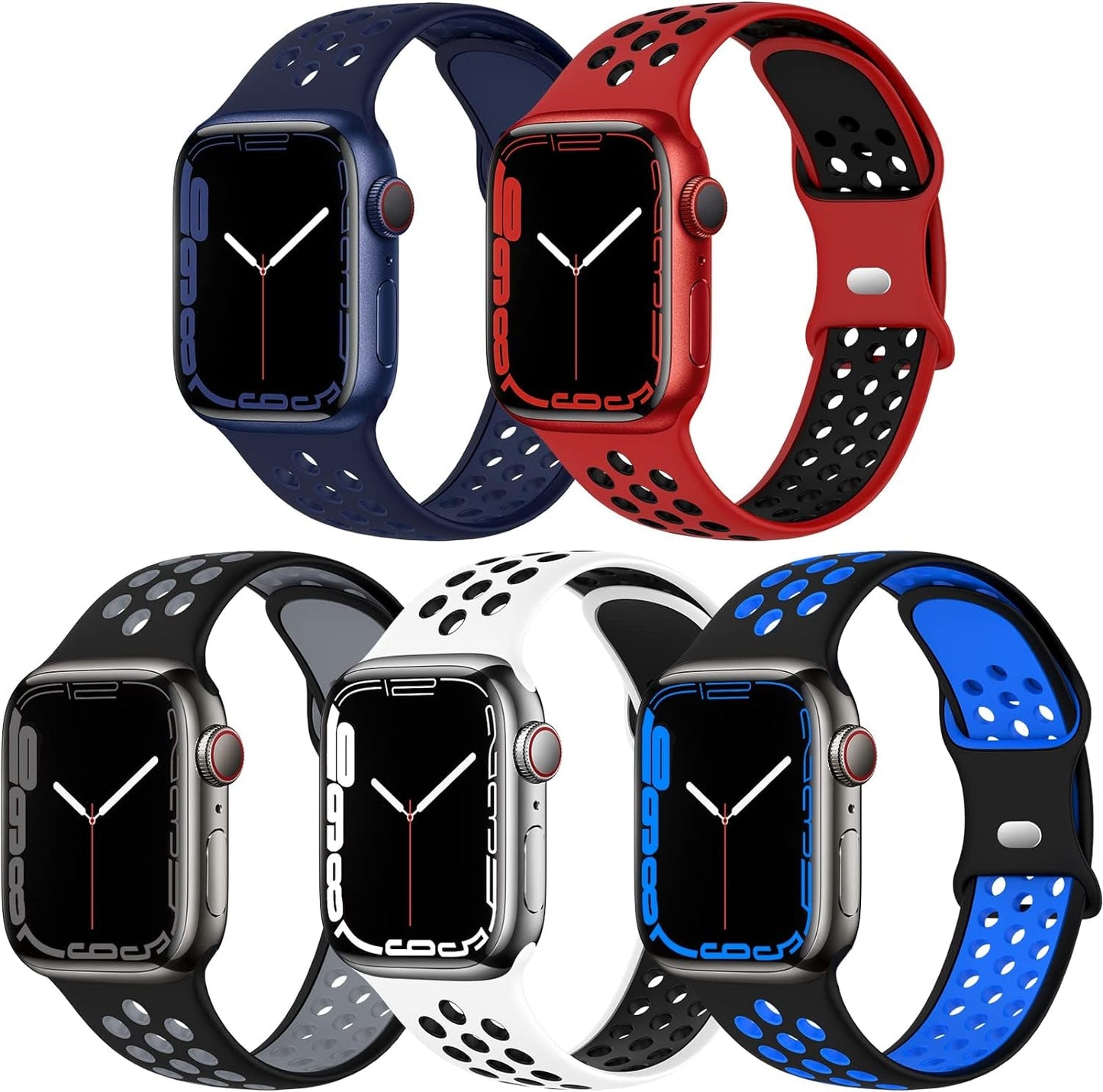 EOMTAM 5 Pack Sport Bands Compatible for Apple Watch 49Mm 45Mm 44Mm 42Mm 41Mm 40Mm 38Mm Men Women, Breathable Silicone Soft Replacement Strap Wristband for Iwatch Series Ultra 8 SE 7 6 5 4 3