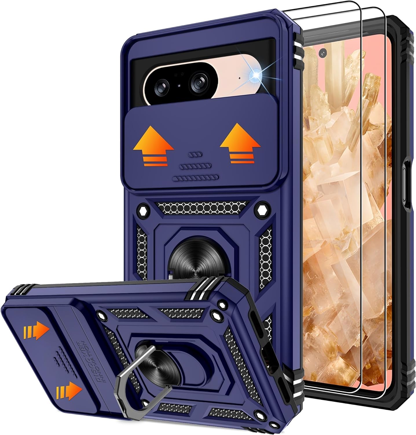 Fit for Google Pixel 8 5G Case with Screen Protector (2 Pack) & Slide Camera Cover, Build in 360° Magnetic Rotating Ring Kickstand [Military Grade] Protective Case for Pixel 8 Case, Green  Gritup Blue Google Pixel 8 6.2" 