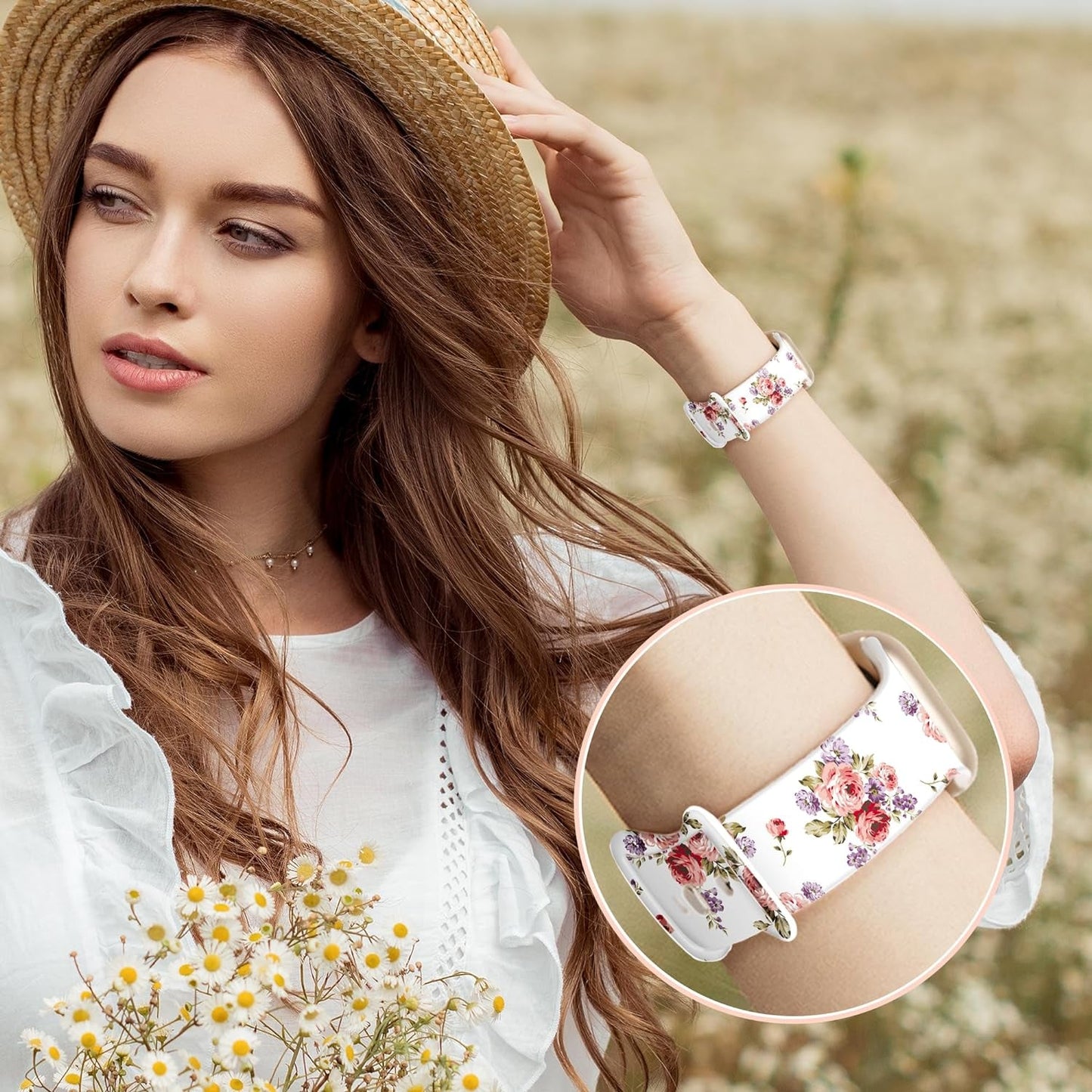 2 Pack Silicone Floral Band for Apple Watch Bands 41Mm 40Mm 38Mm for Women, Cute Flower Printed for Iwatch Bands, Fancy Dressy Soft Sport Strap for Apple Watch Band Series 9 8 7 SE 6 5 4 3