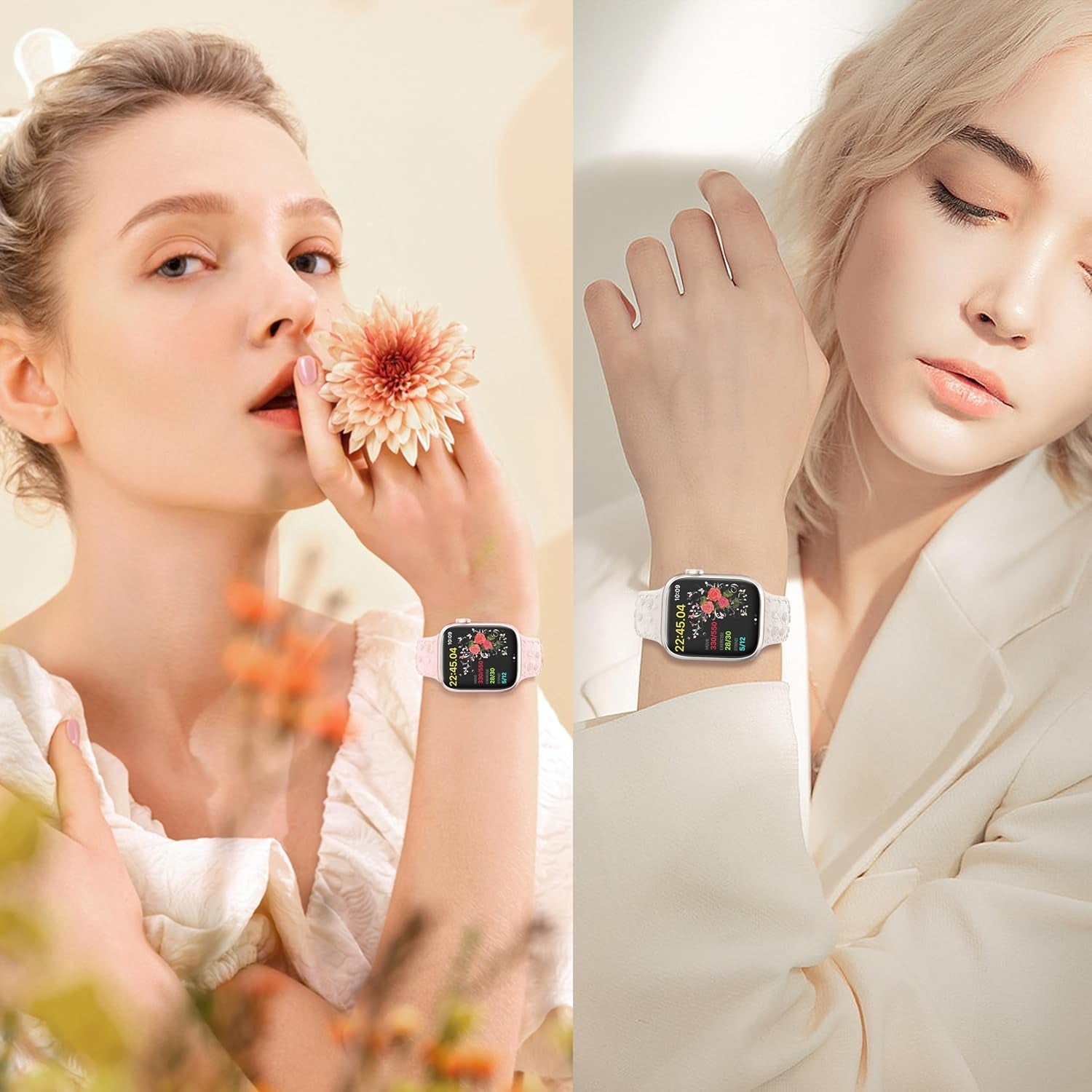 Embossed Flower Band Compatible with Apple Watch Band 40Mm 44Mm 41Mm 38Mm 45Mm 42Mm 49Mm Women,Cute Rose Engraved Strap Soft Silicone Wristbands for Iwatch Series 9 8 7 6 SE 5 4 3 2 1 Ultra