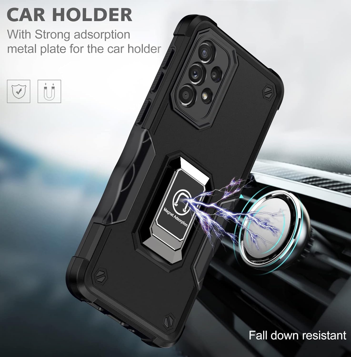 For Samsung Galaxy A53 Case with Tempered Glass Screen Protector [2 Pack],Galaxy A53 5G Military Grade Shockproof Protective & Built in Metal Ring Magnetic Kickstand Cover (Black)