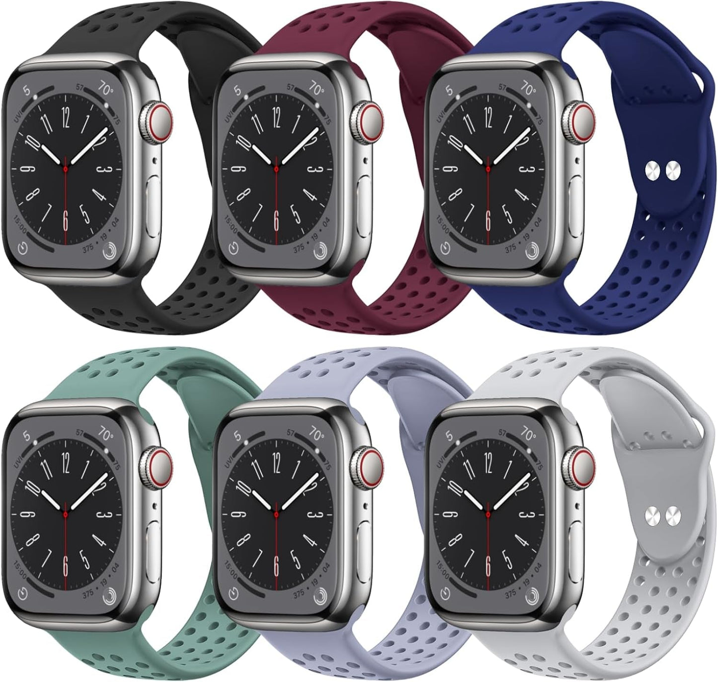 6 Pack Sport Bands Compatible for Apple Watch Bands 49Mm 45Mm 44Mm 42Mm 41Mm 40Mm 38Mm,Breathable Soft Silicone Sport Women Men Replacement Strap Compatible for Iwatch Series 9 Ultra2/Ultra 8 7 6 5 4 3 2 1 SE