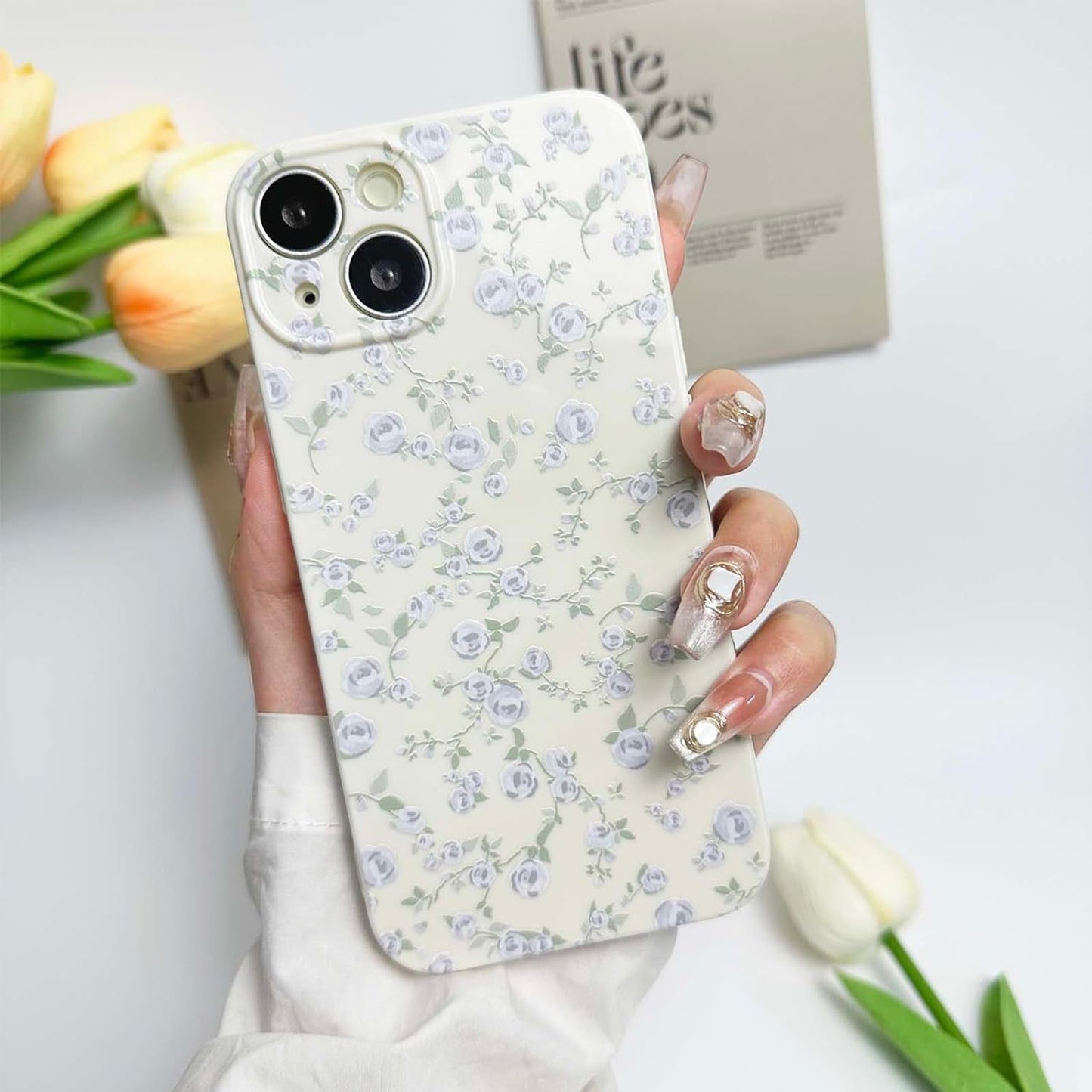 DYFYFKDI Floral Case for Iphone 15 Pro Cute Flower Rose Pattern Aesthetic Iphone 15 Pro Case Vintage Girls Women,Oil Flowers Girly Trendy Slim Fit TPU Shockproof Protective Case, Blue  DYFYFKDI Beige Iphone 13 6.1 Inch 