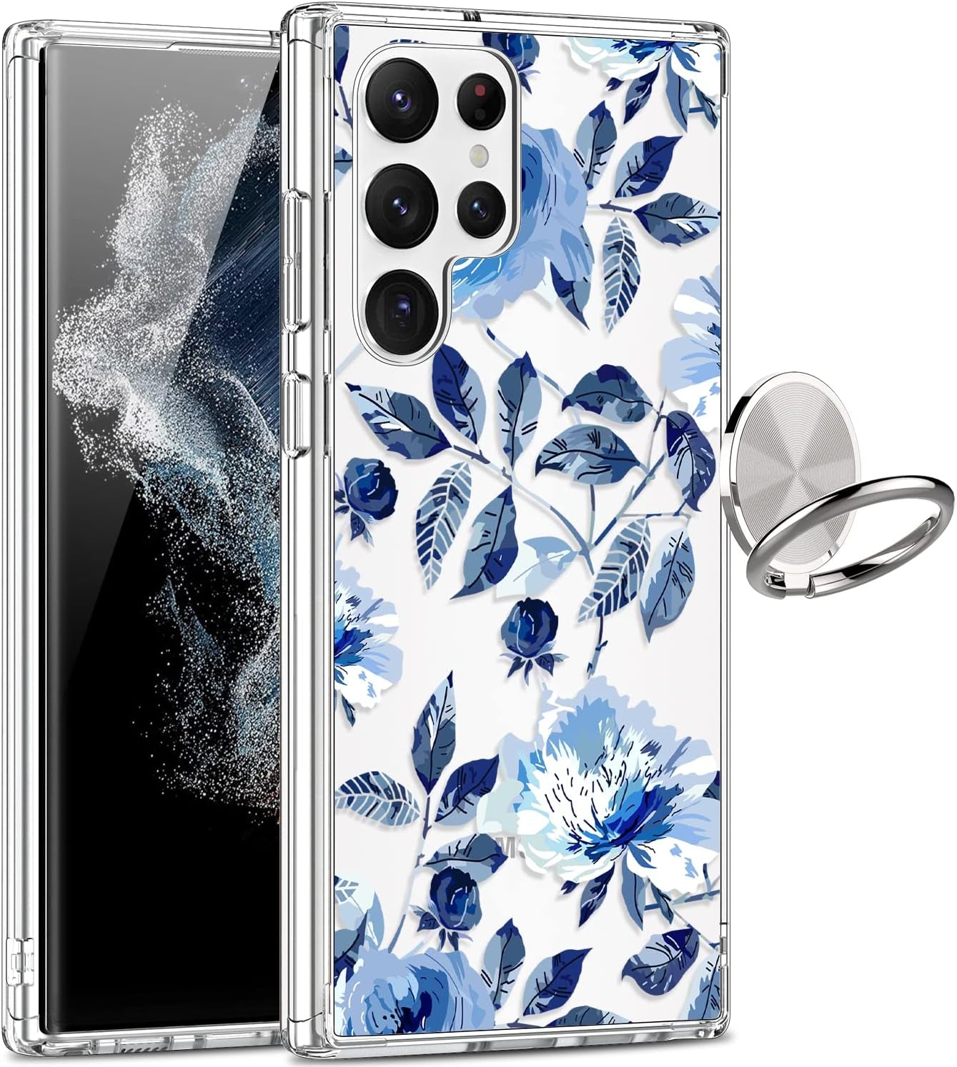 Giika for Galaxy S22 Ultra Case, Clear Girls Women Heavy Duty Shockproof Protective Hard Phone Cover Case for Samsung Galaxy S22 Ultra, Blue Flowers