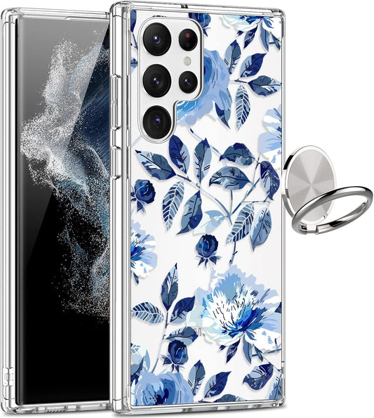Giika for Galaxy S22 Ultra Case, Clear Girls Women Heavy Duty Shockproof Protective Hard Phone Cover Case for Samsung Galaxy S22 Ultra, Blue Flowers
