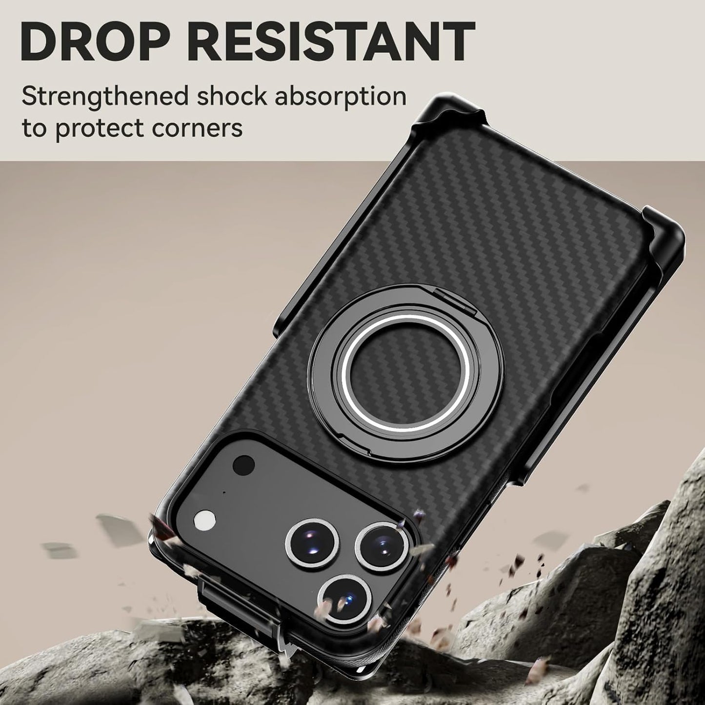 For Iphone 17 Pro Max Case with Belt Clip Holster, Carbon Fiber Design for 17 Pro Max Case[Compatible with Magsafe],Anti-Drop,With 360°Rotating Kickstand(For Iphone17Promax Regular Holster)