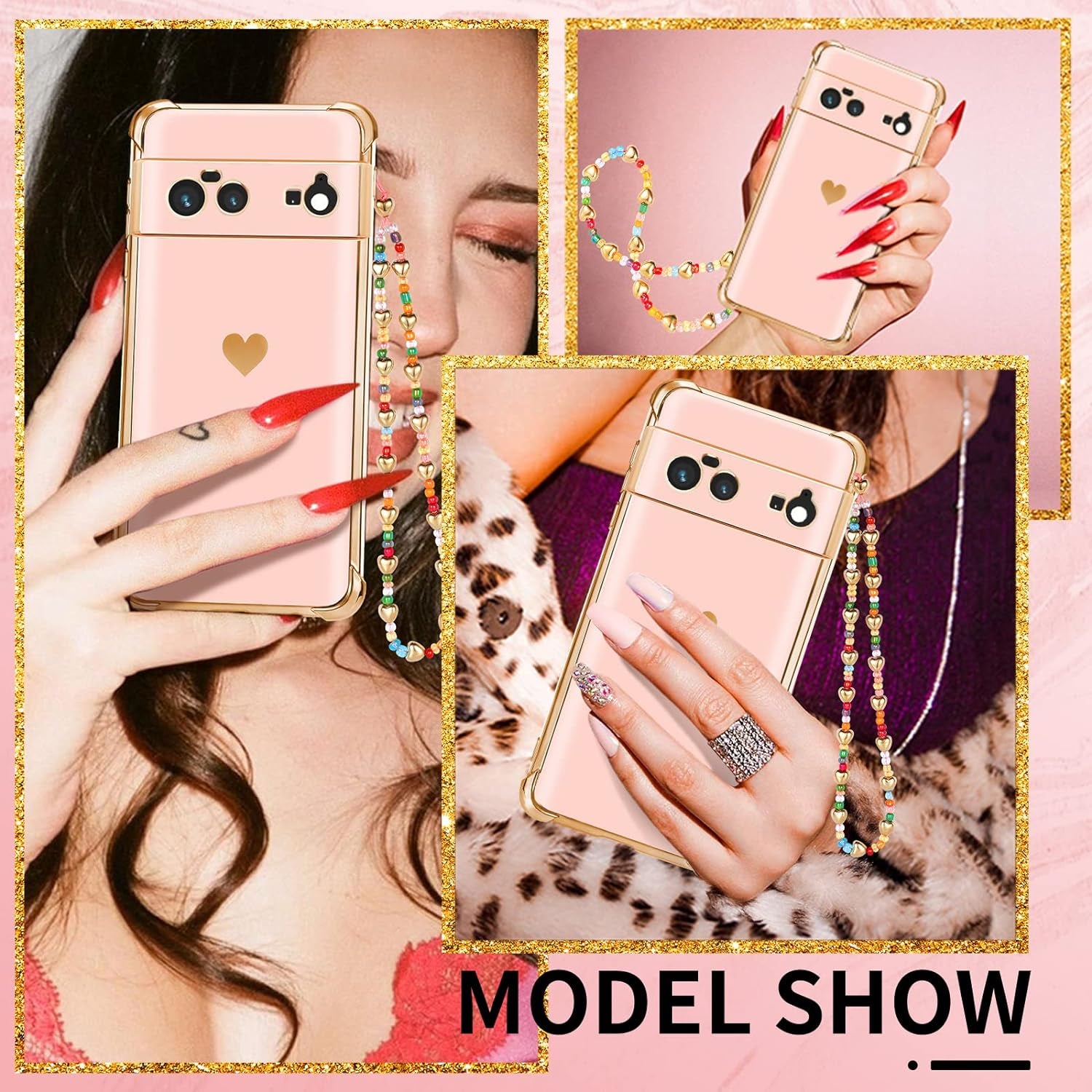 Shorogyt (3In1 Heart Case for Google Pixel 6 Case 5G 6.4 Inch Women Cute Aesthetic Love Hearts Pattern Girls Gold Luxury Girly Design Phone Cases Cover+Screen+Chain for Pixel 6 Case 5G 6.4''  qunxiner   