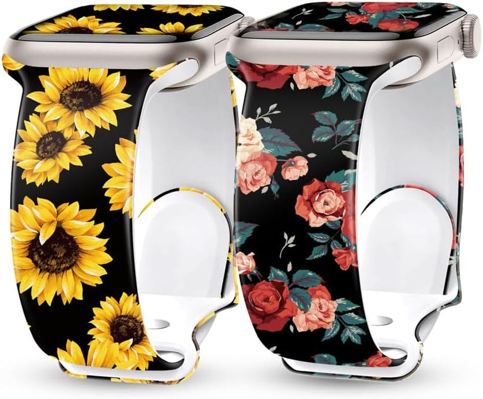 2 Pack Silicone Floral Band for Apple Watch Bands 41Mm 40Mm 38Mm for Women, Cute Flower Printed for Iwatch Bands, Fancy Dressy Soft Sport Strap for Apple Watch Band Series 9 8 7 SE 6 5 4 3