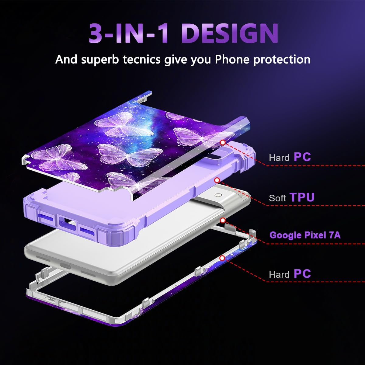 Casetego Compatible with Google Pixel 7A Case,Three Layer Heavy Duty Sturdy Shockproof Full Body Rugged Hard Pc+Soft TPU Bumper Protective Case for Google Pixel 7A 5G 2023,Butterfly  Casetego   