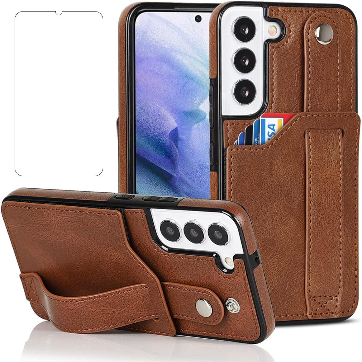 Design for Samsung Galaxy S22 plus 5G Phone Case with Screen Protector Adjustable Wrist Strap Kickstand Credit Card Slot Slim Shockproof Hybrid Rugged Protective Cover for Women 6.6" Rose Gold