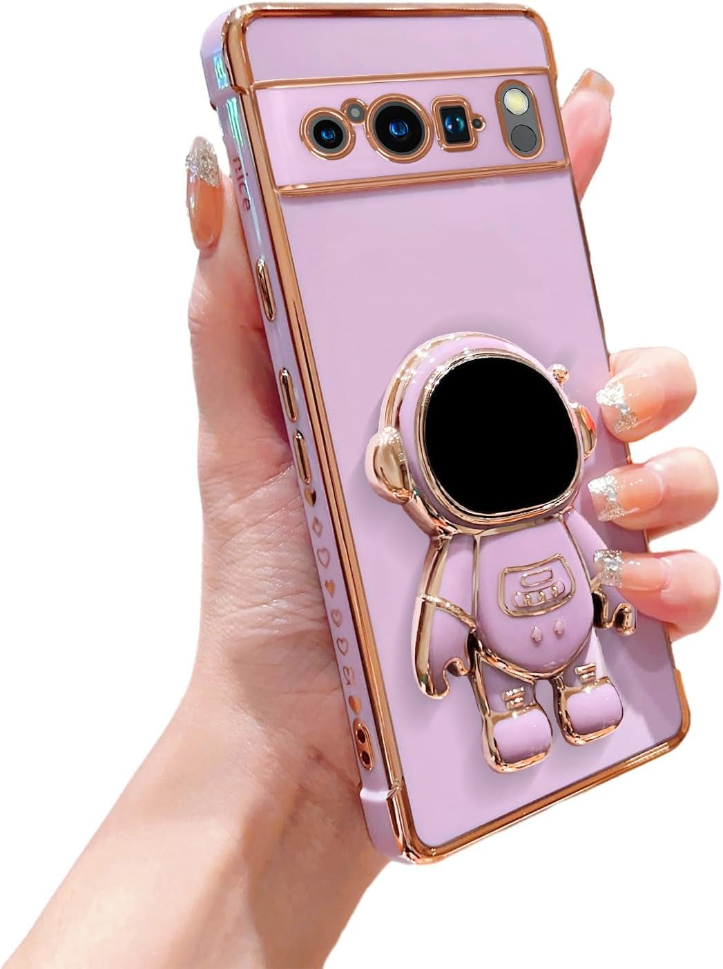 Phylla Phone Case for Google Pixel 8 Pro 6.7” 5G,Luxury Plating Astronaut Stand Holder Phone Case with Cute Love Heart Side Small Pattern Soft Silicone Shockproof Kickstand Cover Bumper (Black)  PHYLLA\1 Purple  
