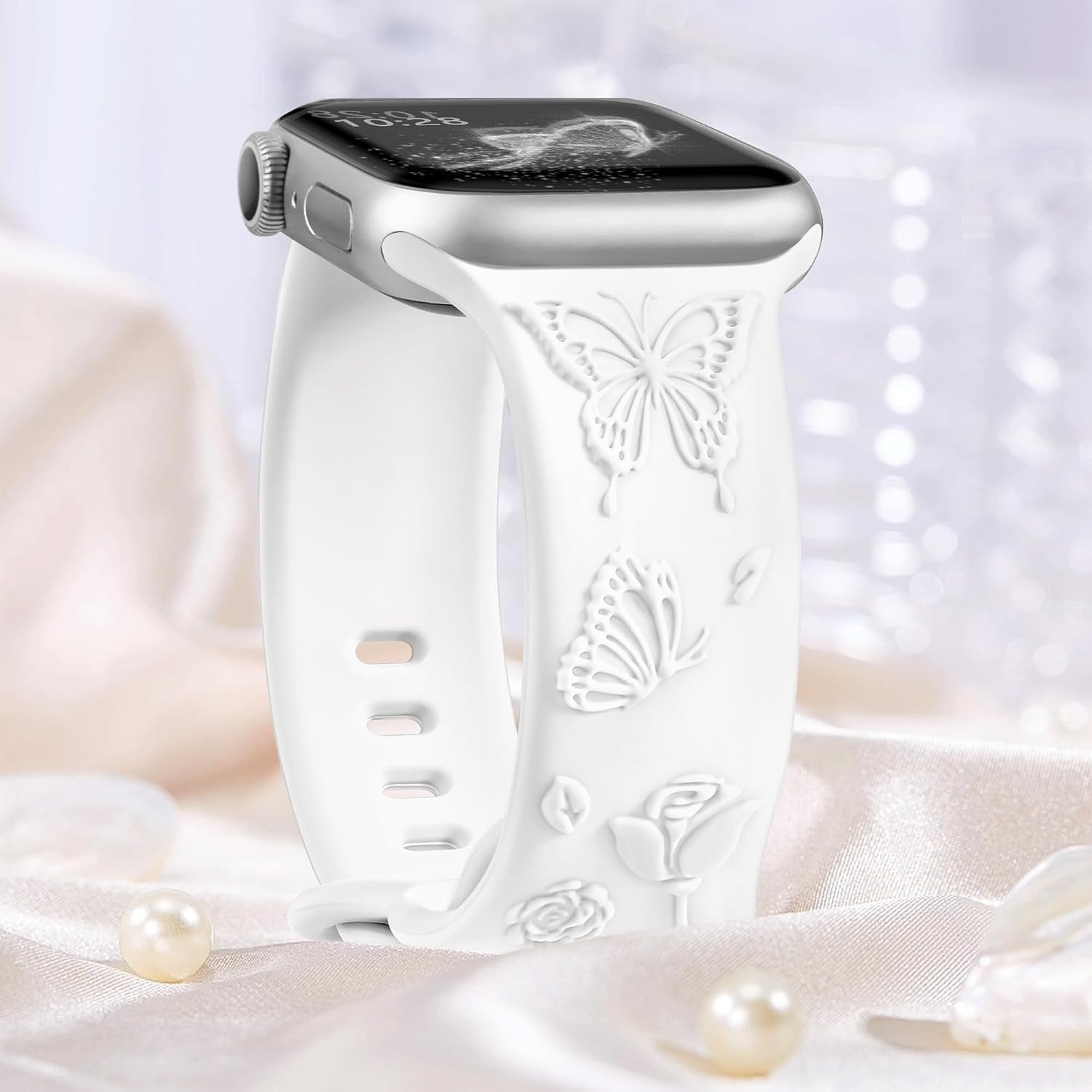 Floral Butterfly Engraved Band Compatible with Apple Watch Bands for Women 40Mm 41Mm 38Mm, Soft Silicone Sport Iwatch Bands for Apple Watch Series 9 Band SE Series 8 7 6 5 4 3 2 1-White
