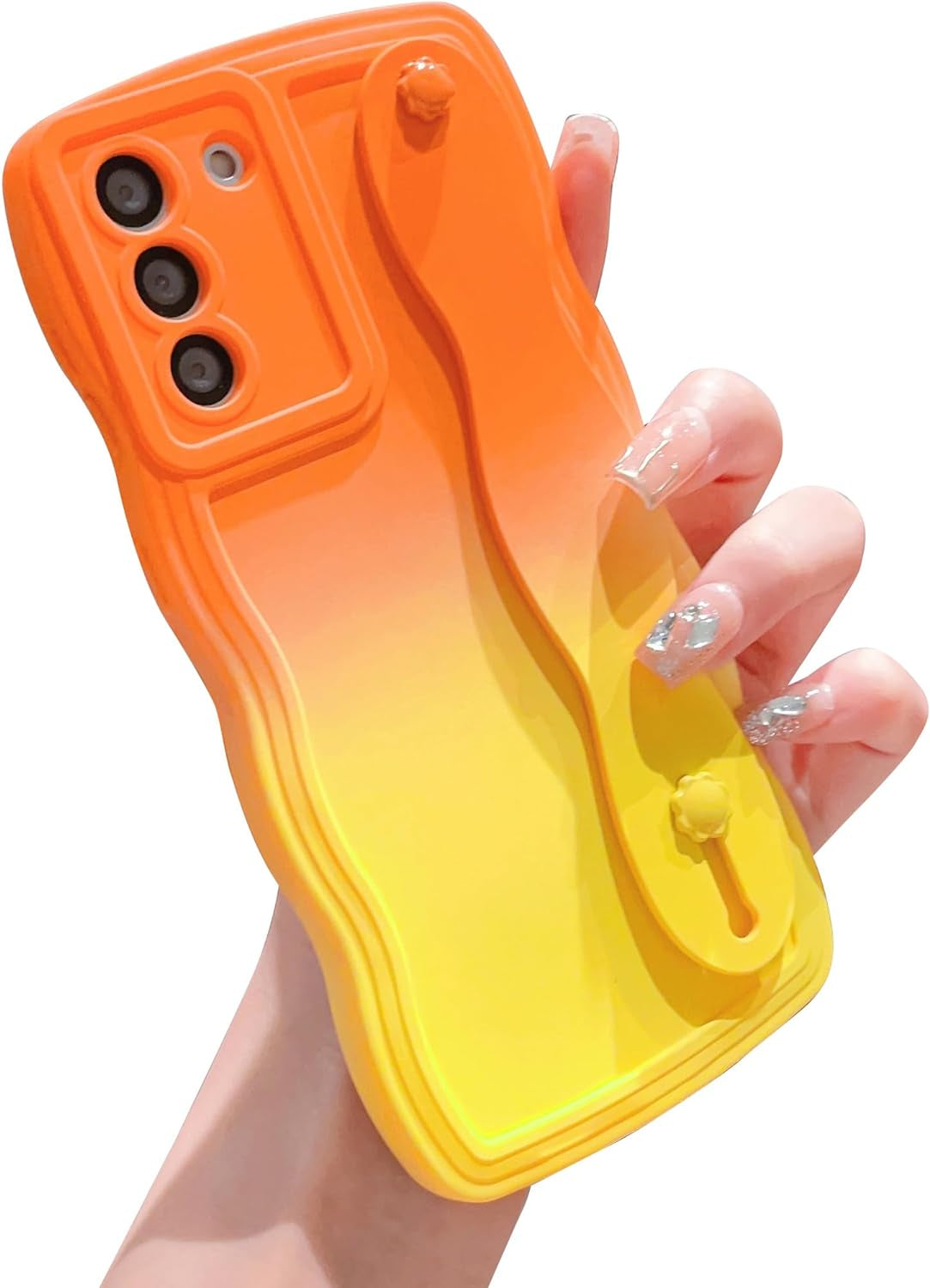 For Samsung Galaxy S22 plus Case with Wrist Strap Stand, Gradient Color Cute Wavy Curly Camera Lens Cover Soft Silicone Samsung S22+ Phone Case Cover 6.6" for Women Men (Hot Pink)