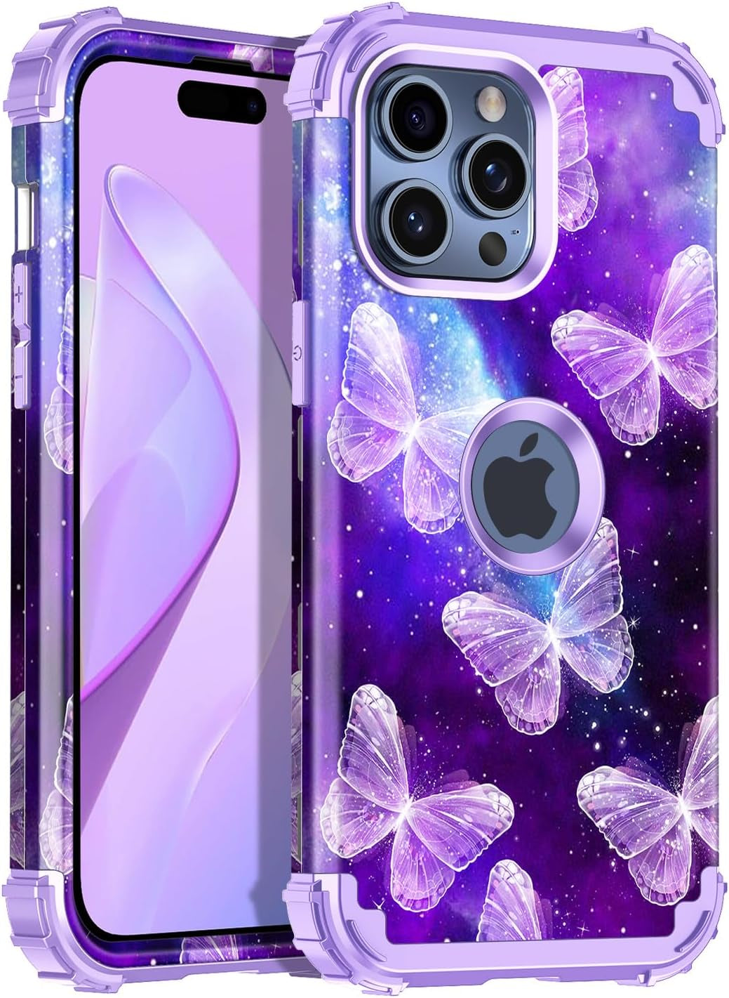 Casetego for Iphone 15 Pro Max Case,Two Layer Heavy Duty Sturdy Shockproof Full Body Rugged Hard Pc+Soft TPU Bumper Protective Girls Cover Case for Apple Iphone 15 Pro Max 6.7 Inch,Black  Casetego Butterfly/Purple  