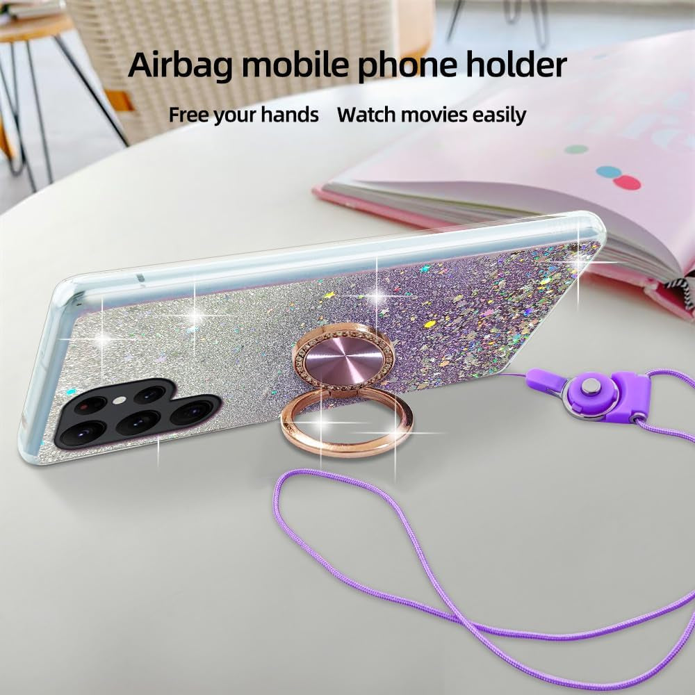 For Samsung Galaxy S22 Ultra Case Phone Case for Women Glitter Cute Luxury Soft Silicone Clear Cover with Stand Bumper Shockproof Full Body Protection Case (Purple, Samsung Galaxy S22 Ultra)