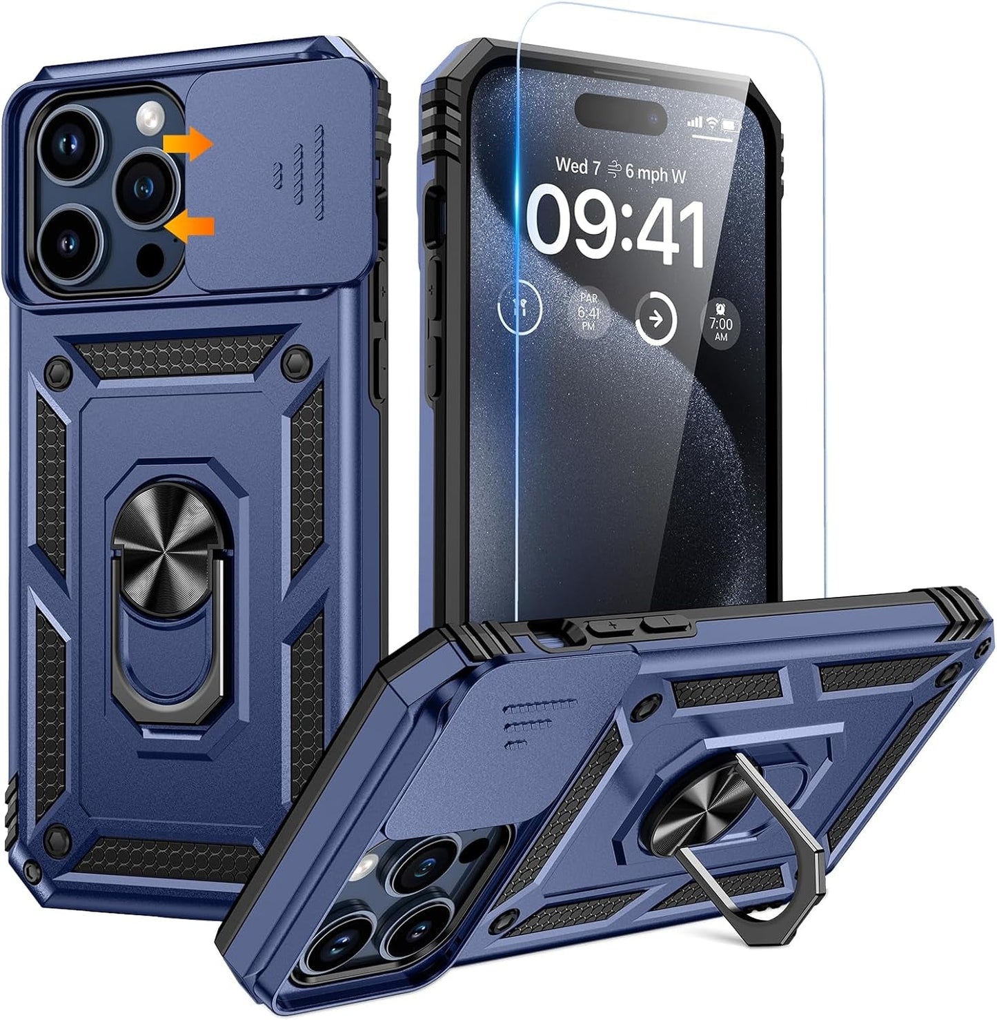 Goton for Iphone 14 Pro Case with Screen Protector - Slide Camera Cover Phone Case with Ring Stand, Heavy Duty Military Grade Shockproof Rugged Bumper for Iphone 14 Pro Accessories Dark Purple  Yin-Goton Blue Only For Iphone 15 Pro 