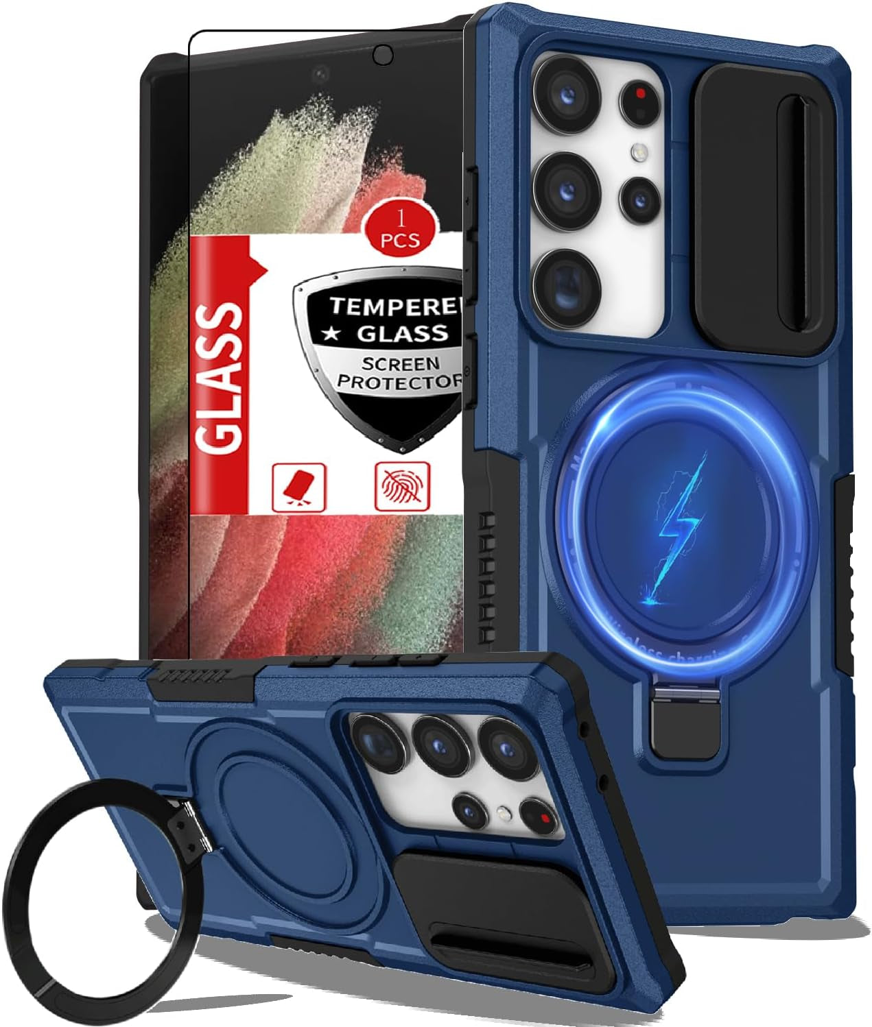 For Samsung Galaxy S21 Ultra Case Compatible with Magsafe Galaxy S21 Ultra Case Magnetic,With Screen Protector,With Magnetic Stand&Camera Cover Protection Shockproof Galaxy S21Ultra Case Blue