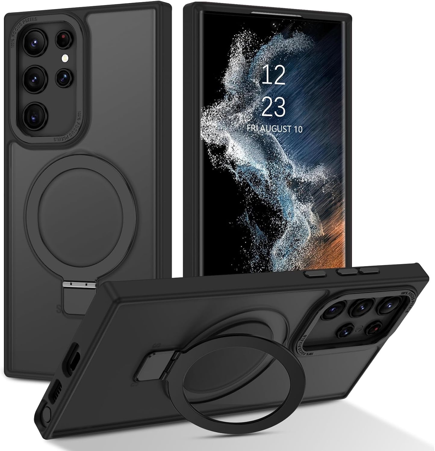 DUEDUE for Samsung Galaxy S22 Ultra Case with Ring Stand[Compatible with Magsafe], Translucent Matte Back Full Body Cover Slim Shockproof Kickstand Phone Case for Samsung S22 Ultra 6.8", Black