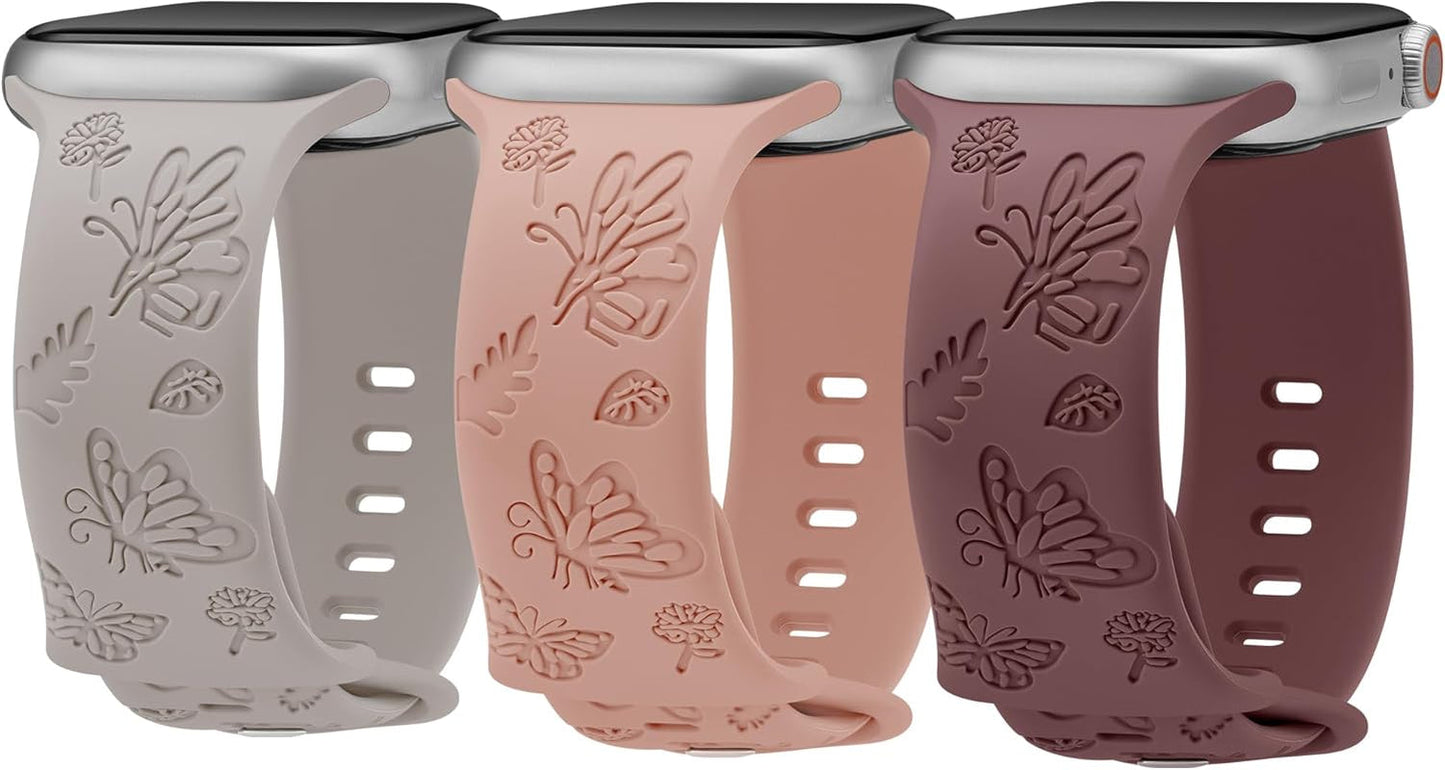 3 Pack Butterfly Floral Engraved Silicone Apple Watch Bands for Women - Soft, Sporty, and Stylish, Fits 38Mm-49Mm Apple Watch/Iwatch Series Ultra/Ultra 2/SE/9/8/7/6/5/4/3/2/1
