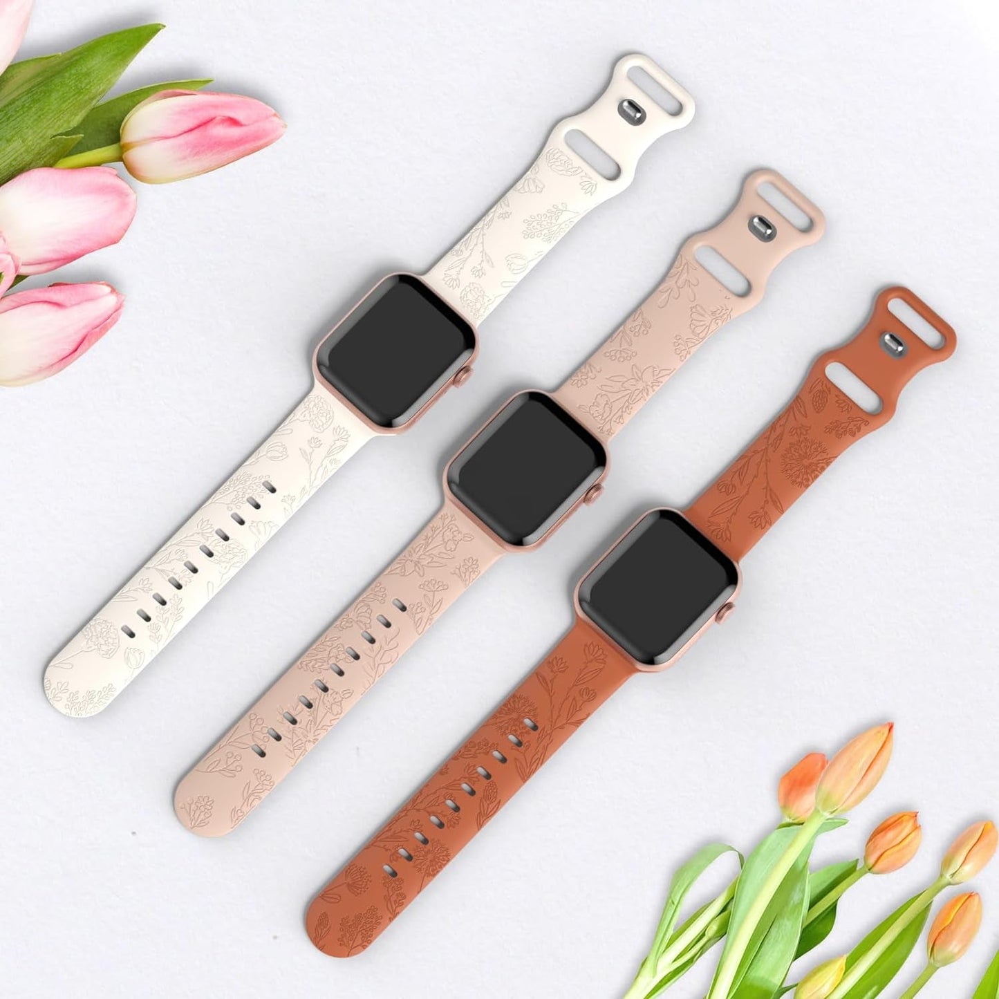 3 Pack Floral Engraved Silicone Bands Compatible with Apple Watch Band 38Mm 40Mm 41Mm 42Mm 44Mm 45Mm 49Mm Women, Soft Sport Wildflower Strap for Iwatch Ultra Series 9 8 SE 7 6 5 4 3 2 1