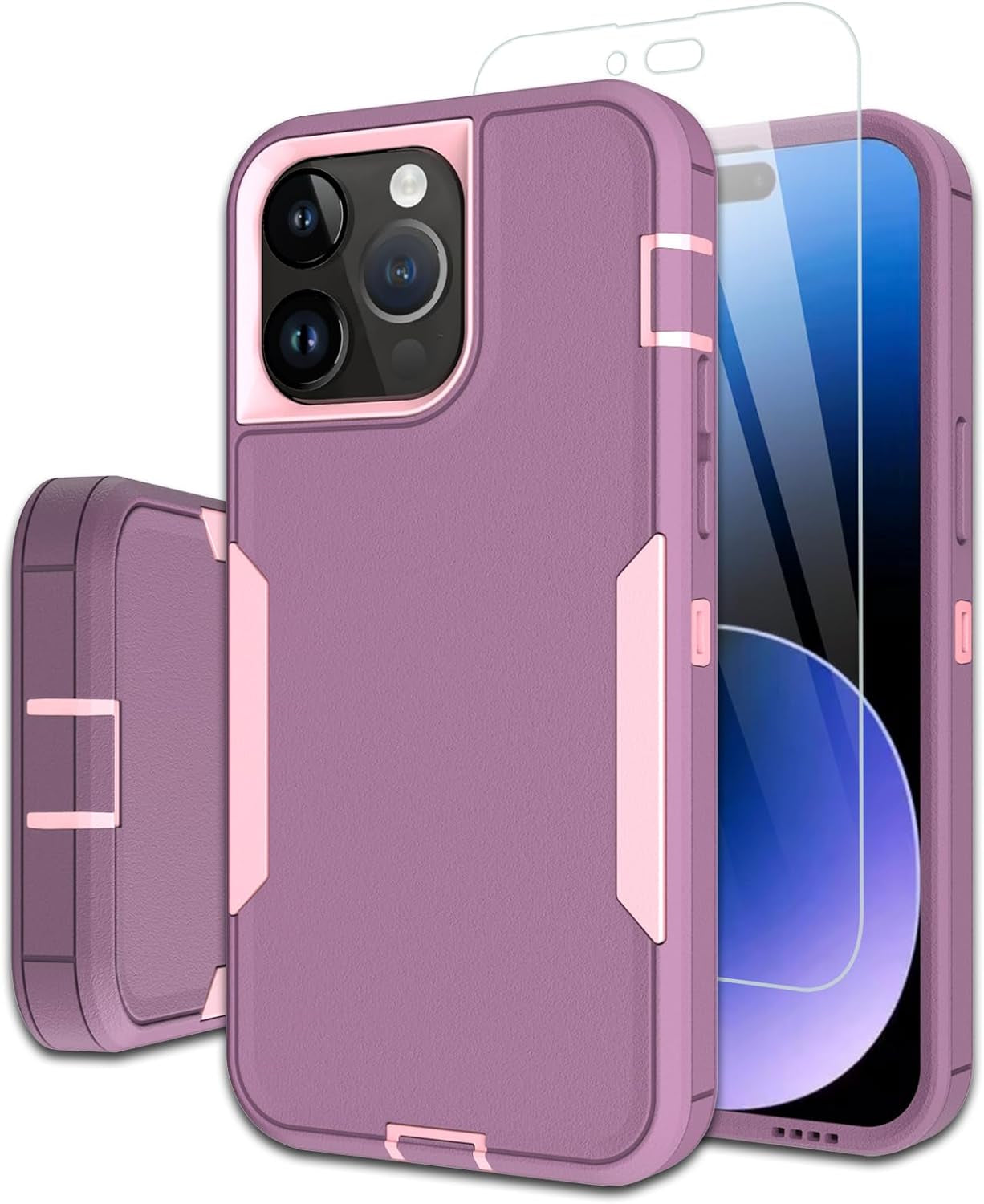 Dahkoiz for Iphone 15 Pro Phone Case, and Glass Screen Protector, Dust-Proof Port Cover, Full Body Non-Slip Rubber Covered, Wear-Resistant & Drop-Proof, Black/Black  UNISMART INC Pink/Purple  