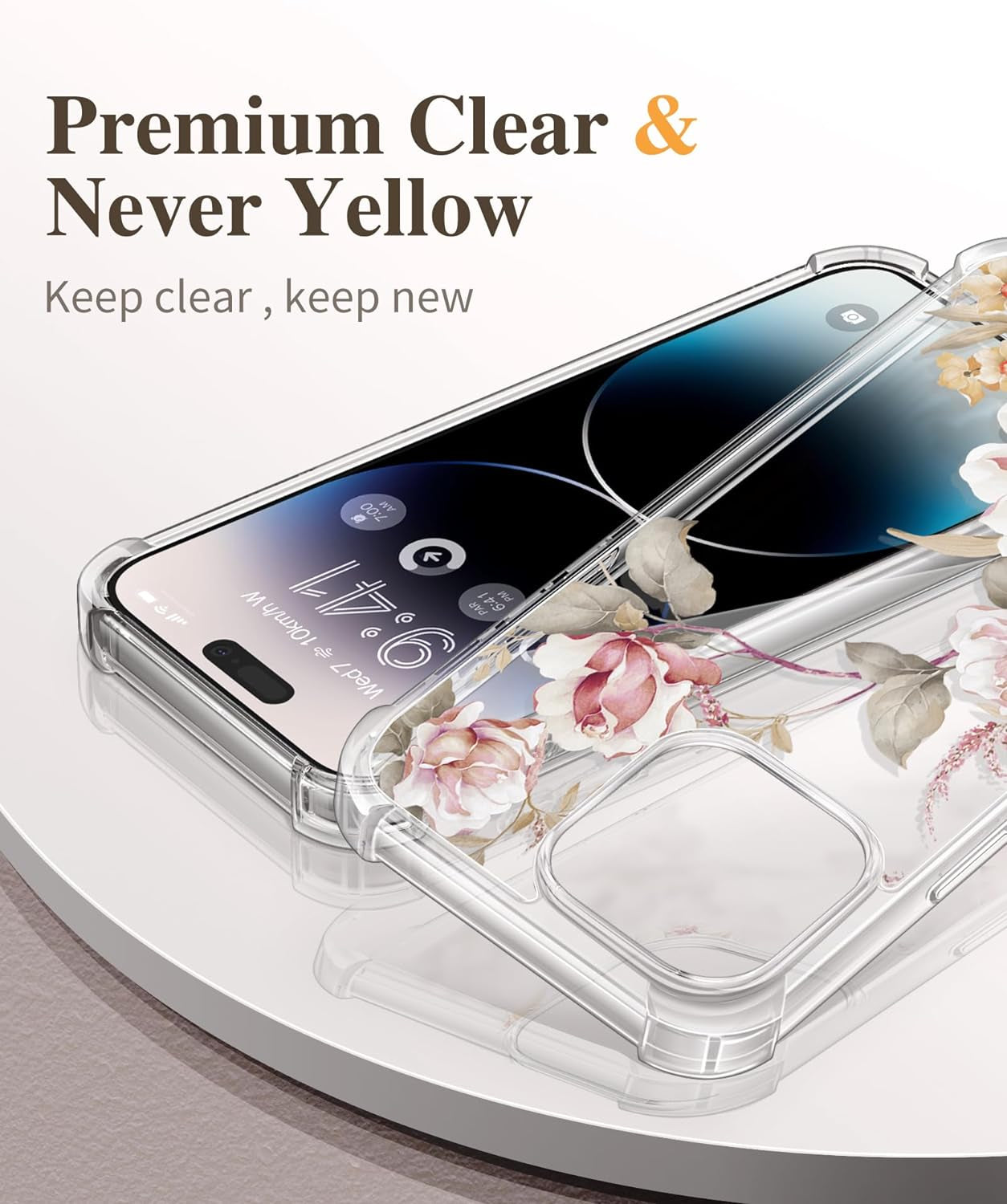 GVIEWIN for Iphone 15 Pro Case Floral, with Screen Protector+Camera Lens Protector, [Not Yellowing] Slim Shockproof Clear Phone Protective Cover for Women, Flower Pattern Design (Ranunculus/Pink)  GVIEWIN   