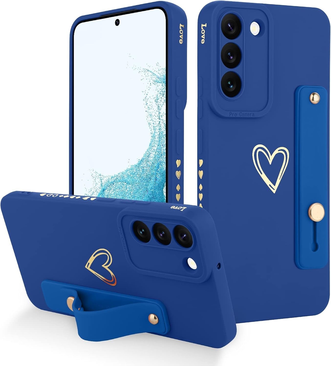 Fiyart Designed for Galaxy S22 plus 5G Case with Phone Stand Holder Cute Love Hearts Pattern Slim Protective Camera Protection Cover with Wrist Strap for Women Girls for S22 plus 5G 6.6"-Dark Blue
