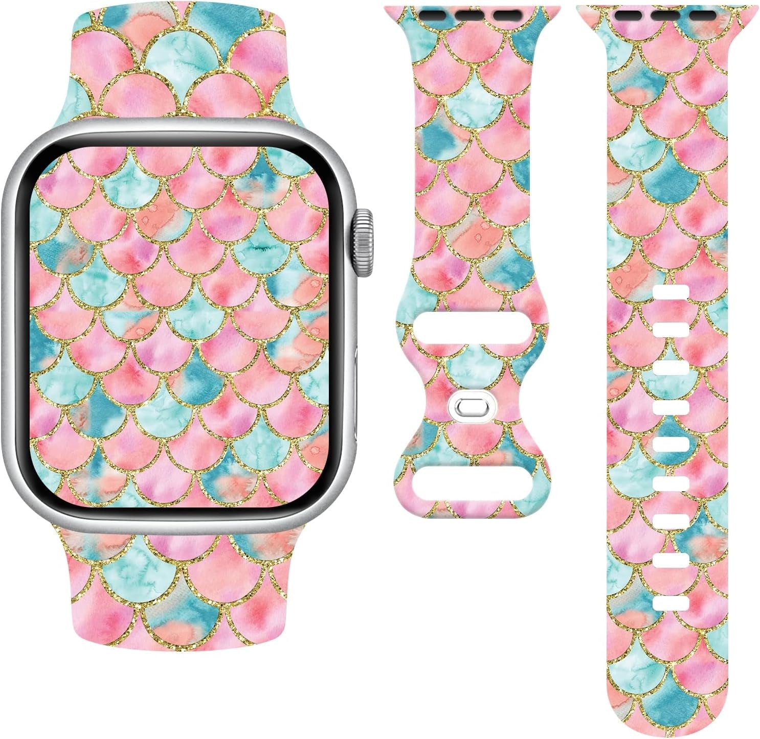 Fish Scales Watch Band Compatible with Apple Watch, Iwatch Bands All Series Soft Silicone Strap Adjustable Replacement