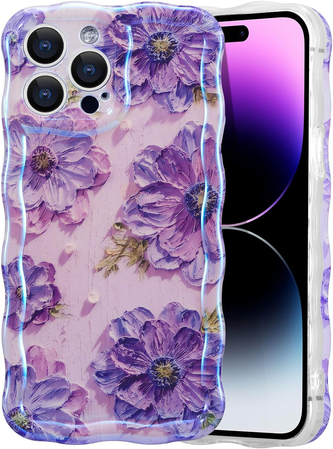 EYZUTAK Case for Iphone 14 Pro, Colorful Retro Oil Painting Flower Leaf Laser Glossy Pattern Cute Curly Wave Edge Exquisite Phone Cover Stylish Durable TPU Protective Case for Girls Women - Blue Green  EYZUTAK Purple Iphone 15 Pro 